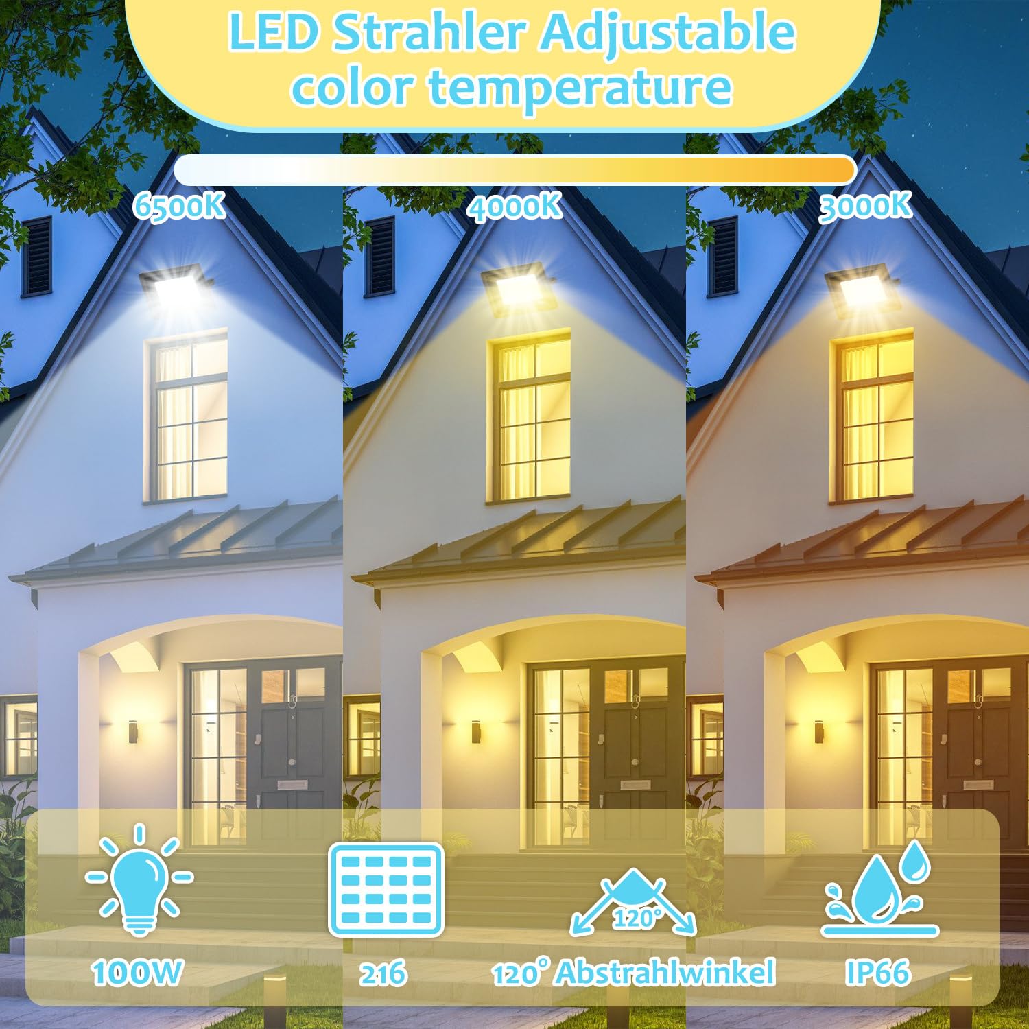 LED Strahler Außen 100W,4 Stück Dimmbar LED Fluter 3000K/4000K/6500K, Led Scheinwerfer, IP65 Wasserfest Aussenstrahler für Hell Garten Hof Türen Rasen Garage [Energieklasse E]