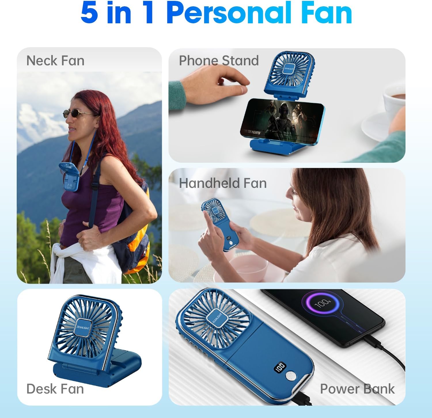USB Rechargeable Upgraded 5-in-1 Portable Handheld Fan, Necklace Fan, Mini Desk Fan, Foldable Phone Stand, 4 Speeds Airflow, Quiet Personal Fans with LED Digital Screen (Blue) - Image 5