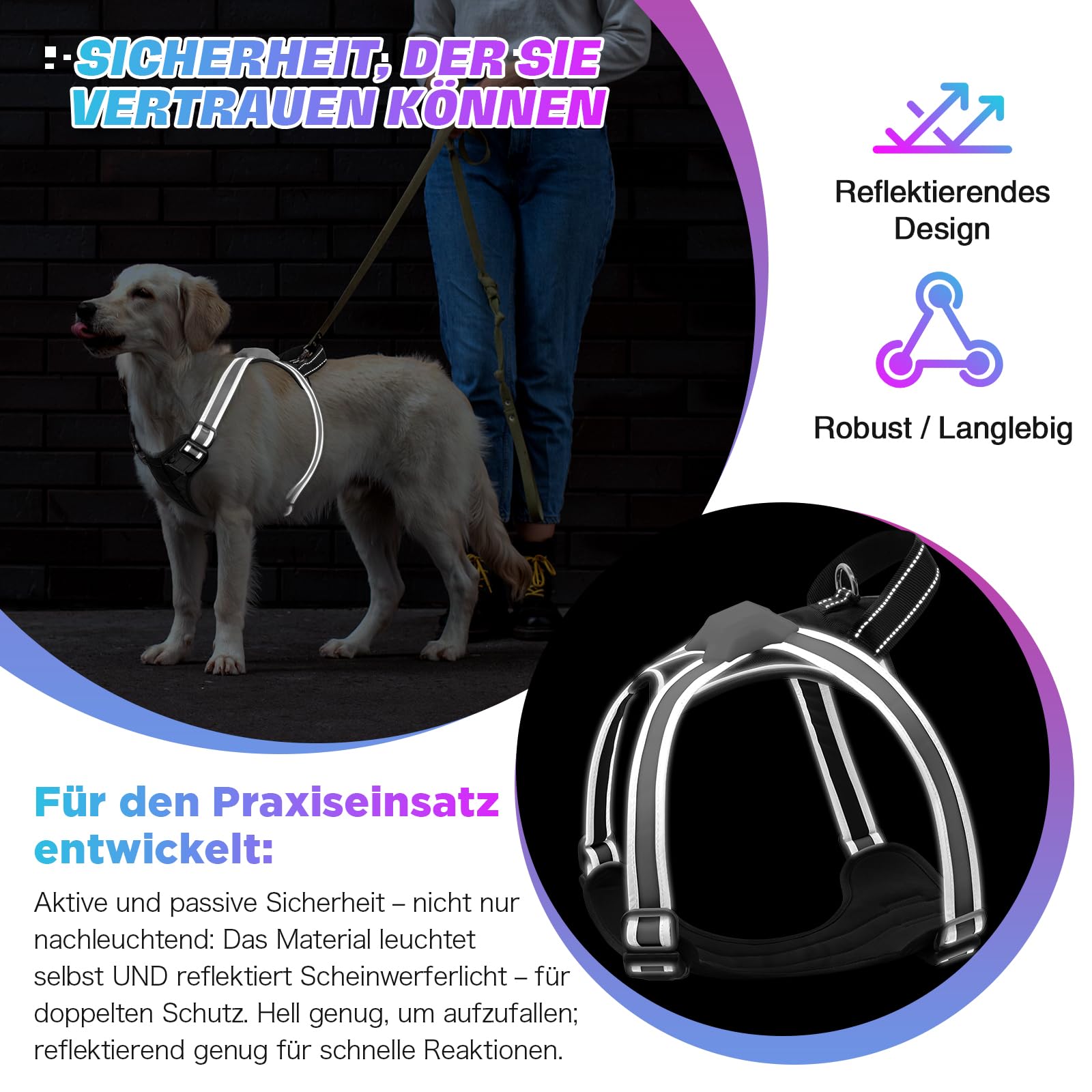 Leuchtendes Hundegeschirr – Mehrfarbiges LED-Hundegeschirr mit 7 Leuchtmodi | Wiederaufladbare Sicherheitsweste ohne Zug, USB-Anschluss, mit Griff für mittelgroße bis große Hunde (M)