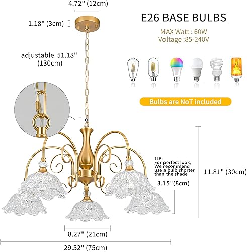 Miniatura 6 de 5-Light Vintage Chandeliers in Matte Brass Finish with Crystal Glass Shades, Retro Chandelier Light for Dining Room,Hallway,Kitchen