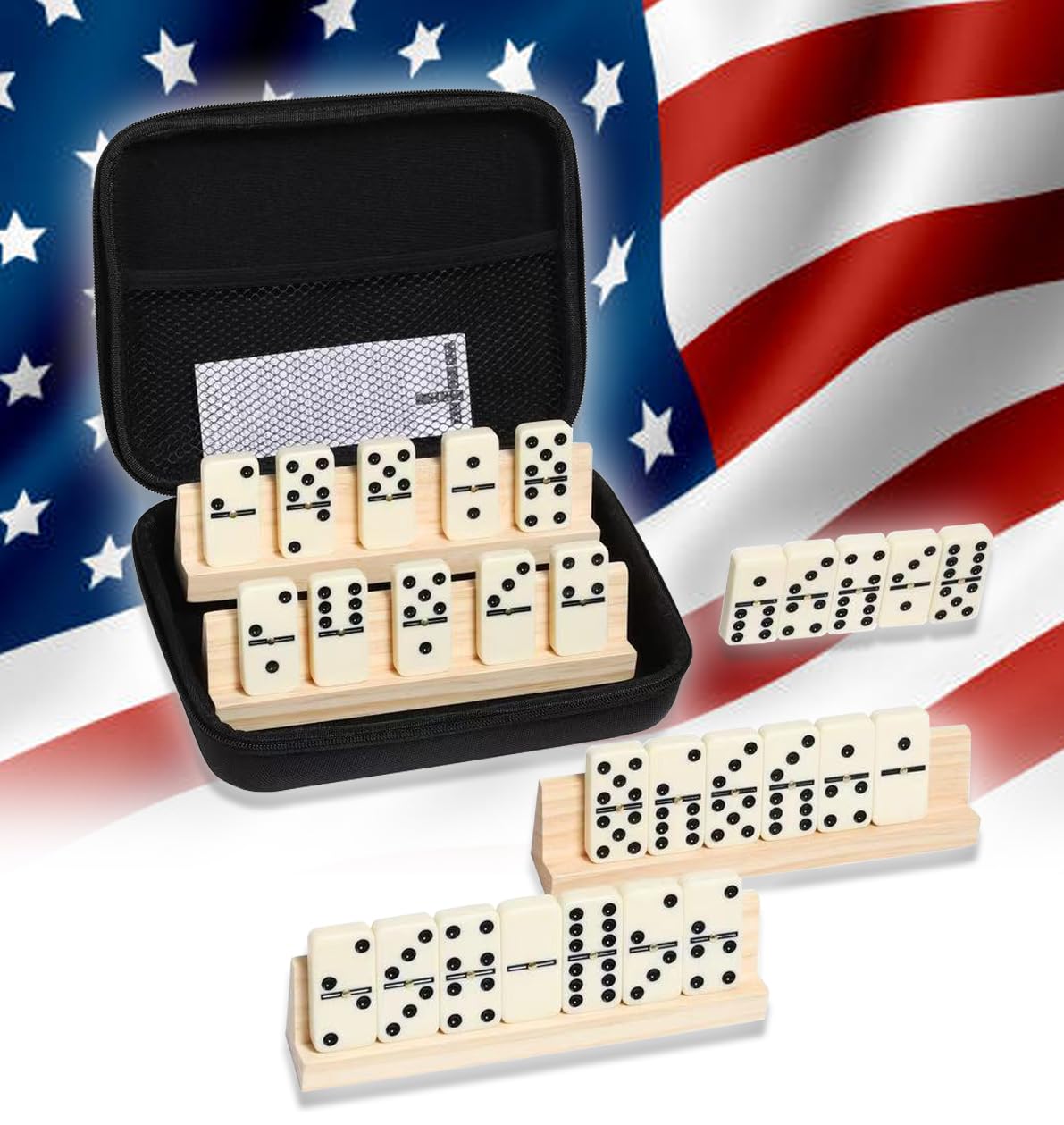 PRK 14 Juego de 6 dominó dobles para adultos, 28 azulejos duraderos con 4 estantes de sujeción de azulejos y funda de transporte con cremallera, juego de dominó clásico para todos, viajes, fiestas y