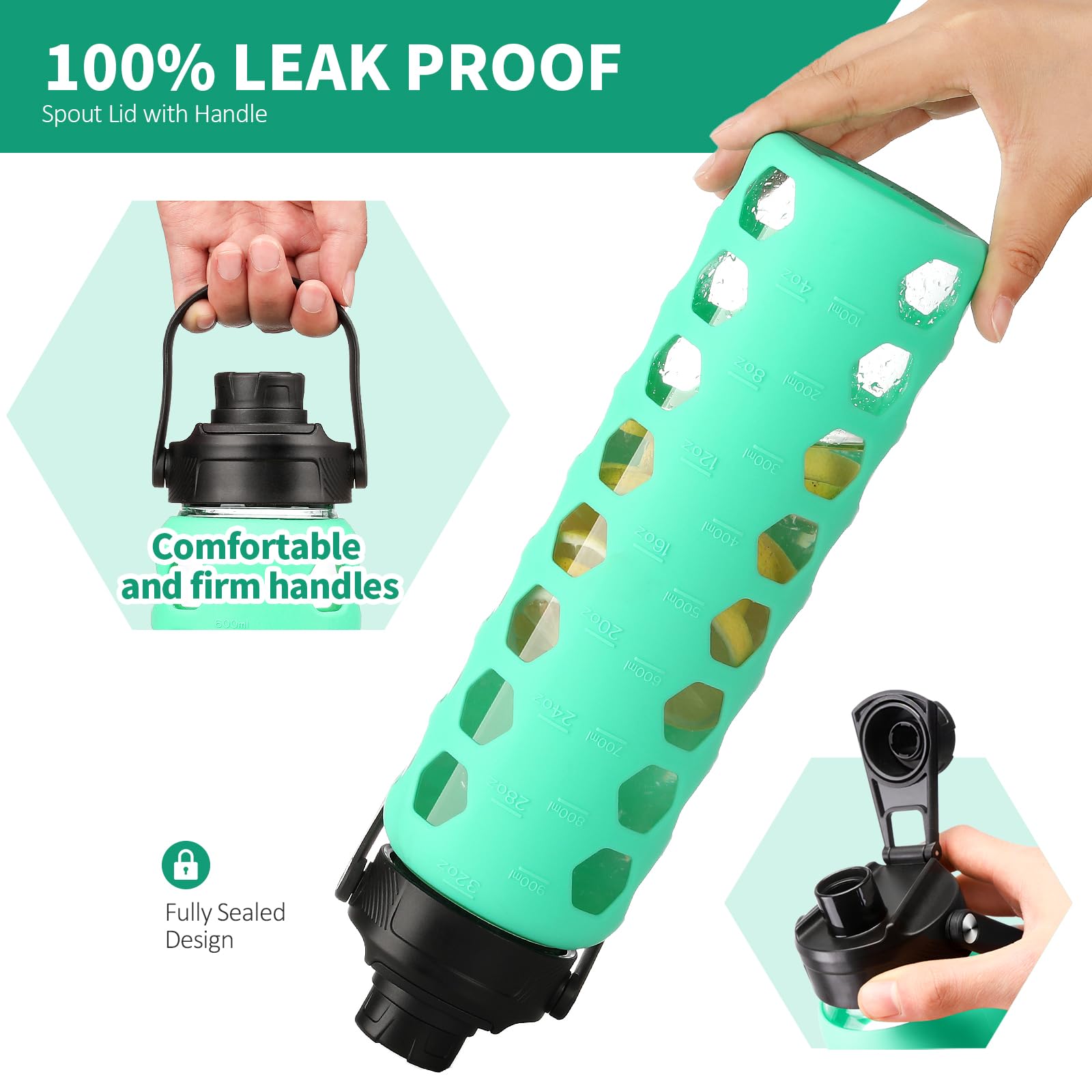 HYDRAGLAZIC 950ML Glass Water Bottle with 2 Flip and Bamboo Straw Lids Sports Water Tumbler with Time Reminder and Silicone Sleeve Leak-proof BPA Free - Image 3