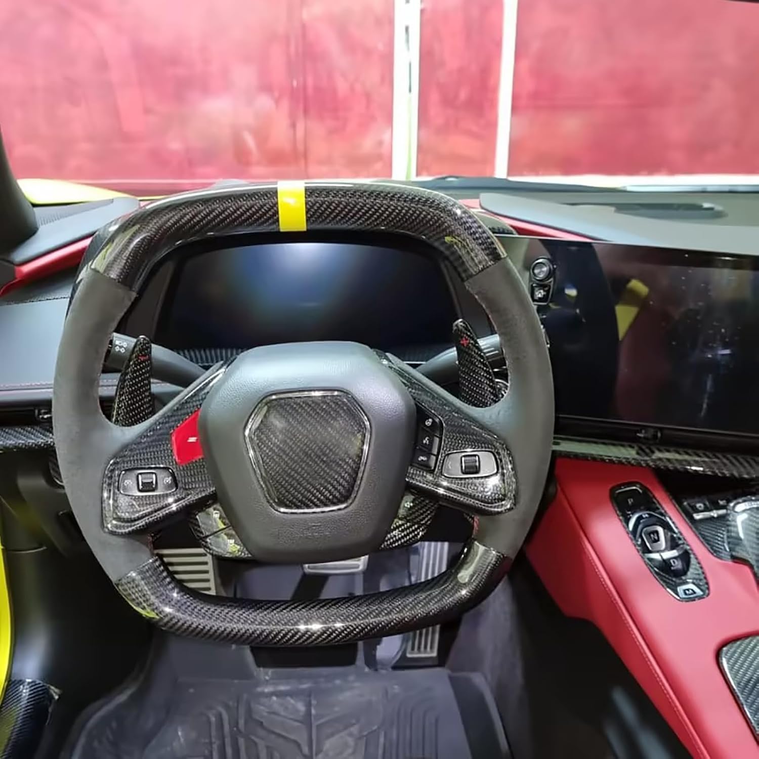 Car Steering Wheel Circle Round Cover for Corvette C8 Z51 Z06 E-Ray Stingray 2020 2021 2022 2023 2024 2025 2026, Genuine Carbon Fiber Interior Trim (Yellow)