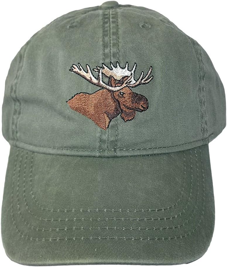 Embroidered Bull Moose Wildlife Baseball Cap, Khaki Green, Adjustable - One Size Fits All