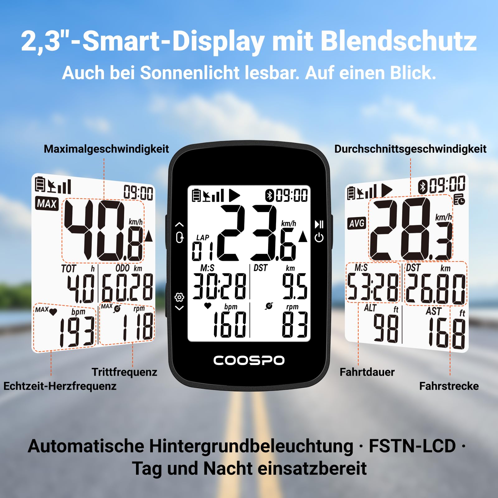 COOSPO BC26 GPS Fahrradcomputer Bluetooth 5.0 Wireless Fahrradcomputer Wasserdicht GPS Tachometer 2,3 Zoll Bildschirm mit automatischer Hintergrundbeleuchtung