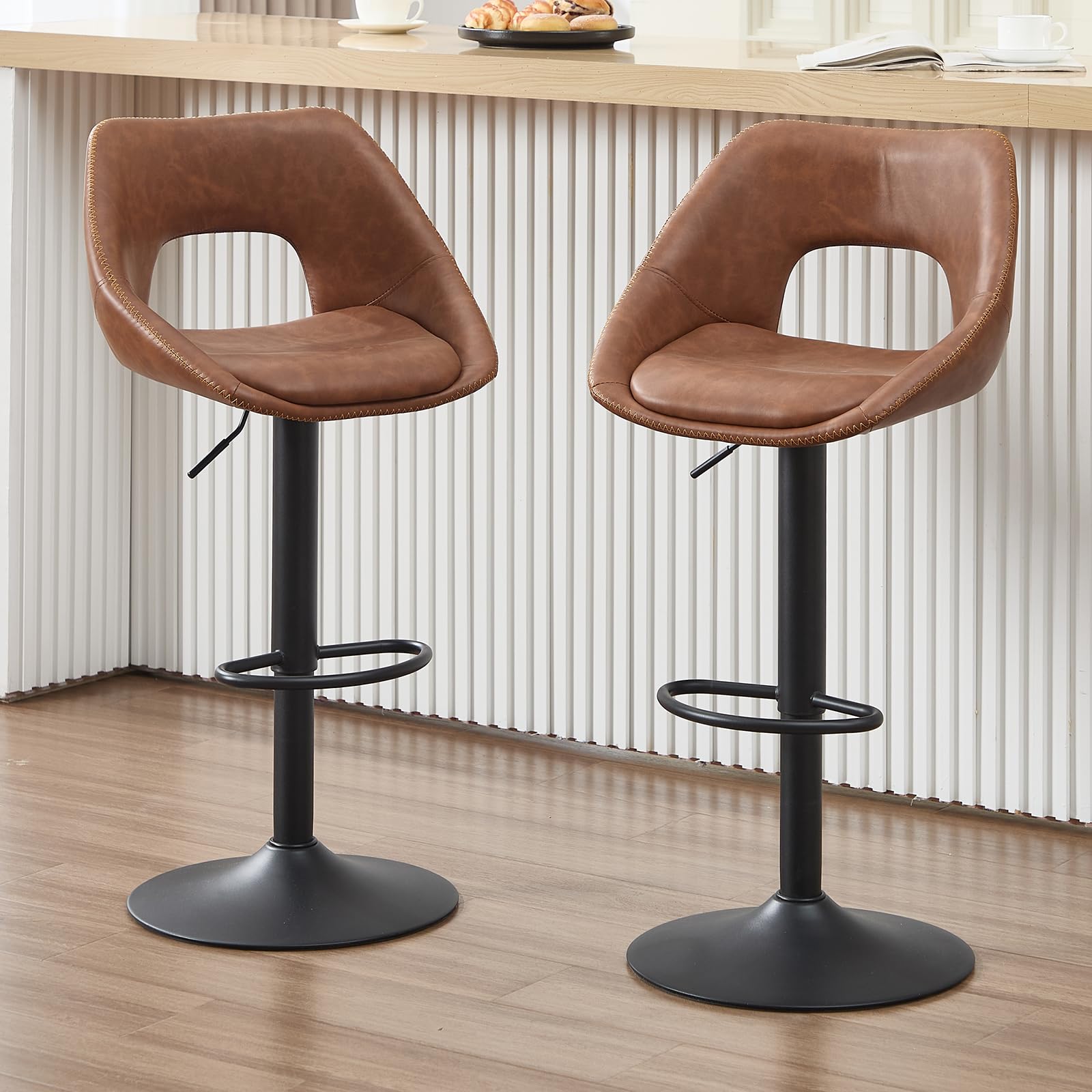 Ya-Home Bar Stools Set of 2 Adjustable Swivel Breakfast Counter Chairs with Backrest for Home Kitchen Island/Bar, PU Brown