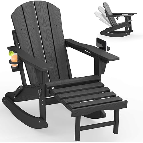 Folding Adjustable Adirondack Rocking Chair with Retractable Ottoman and Cup Holders, Weather Resistance Outdoor HDPE Adirondack Rocker Patio Chair, Wood-Like Reclining Adirondack Chair, Black