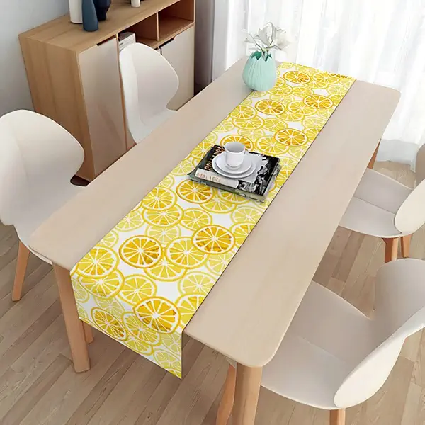 Decorative Table Runner, Yellow Lemon Pattern Linen Table Runner for Buffet Parties and Weddings, 33 x 180 cm