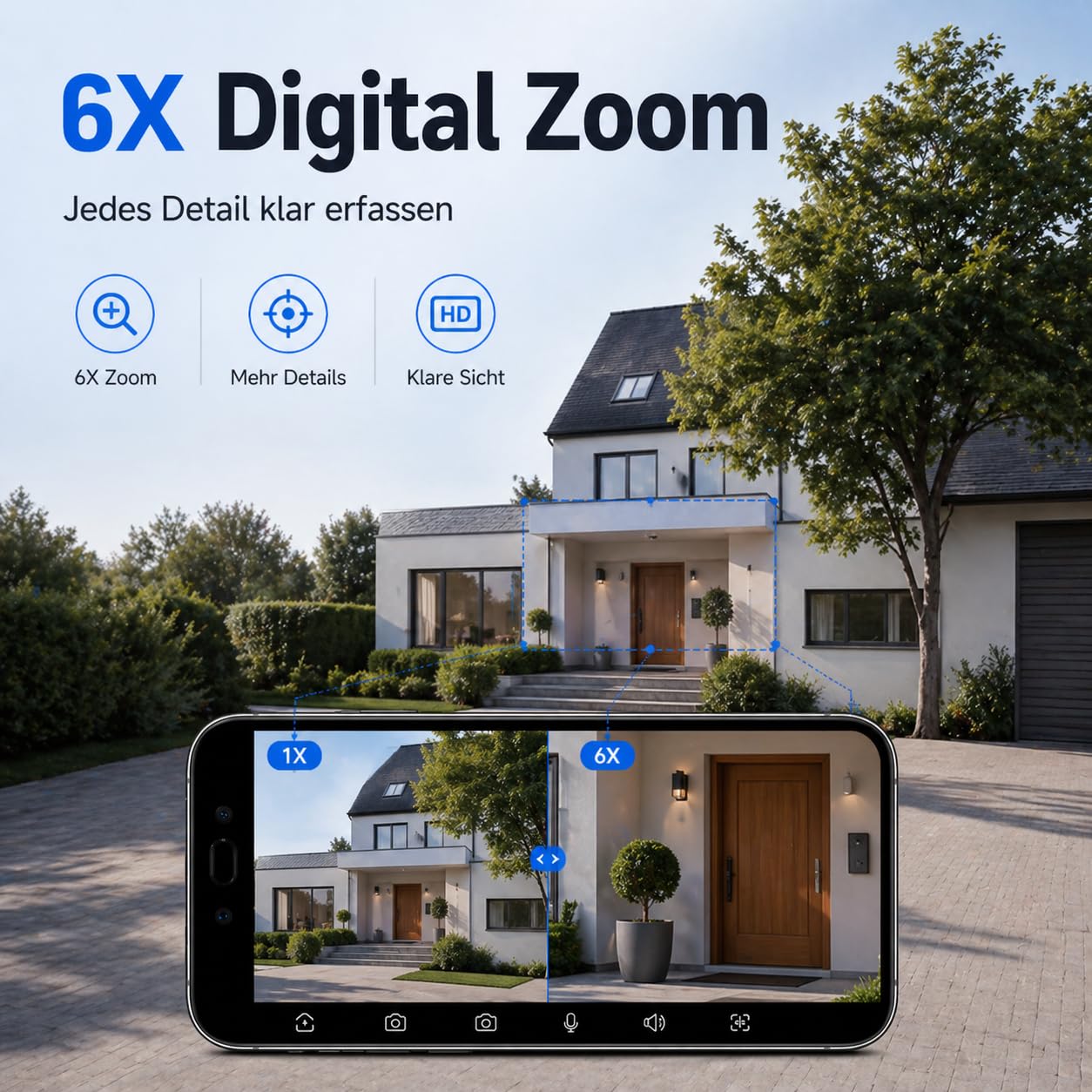 Überwachungskamera Aussen, 6MP Dual-Objektiv Kamera Überwachung Aussen, 360° PTZ, 6X Zoom, 5GHz/2.4GHz, Farb-Nachtsicht, Bewegungserkennung, Zwei-Wege-Audio, IP66, Netzbetrieb
