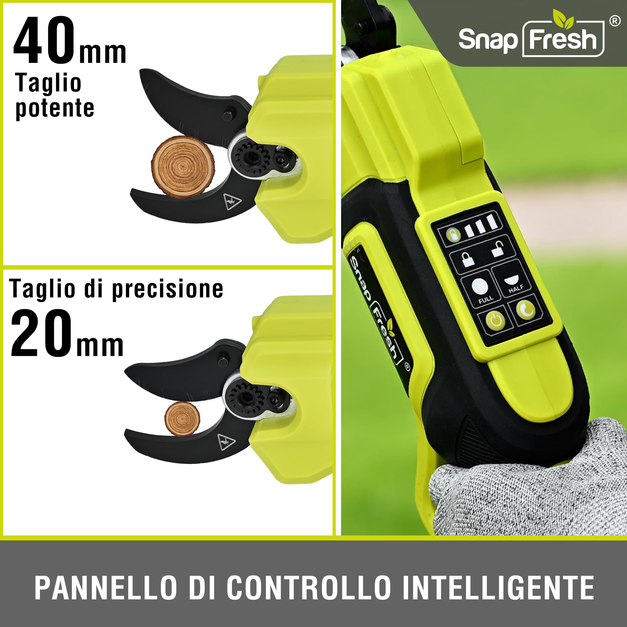 SnapFresh Forbici Potatura a Batteria Brushless, Diametro di Taglio Max 40 mm, Cesoie Elettriche con Batteria 2,0 Ah e Caricatore, Lama SK5 Senza Fili per Rami, Arbusti e Tronchi