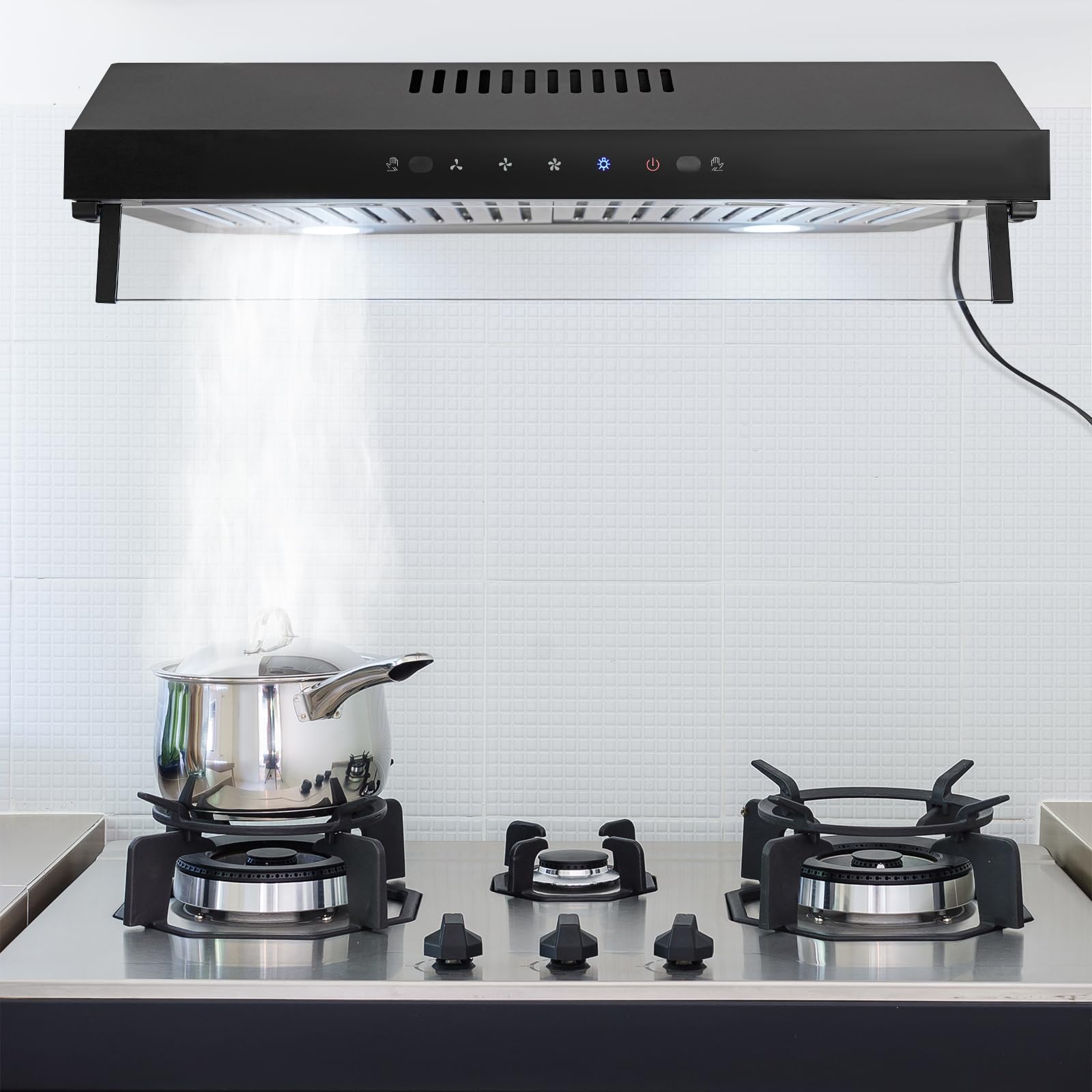 Cappa aspirante in acciaio inox, 60 cm, riciclo e scarico, 3 livelli, controllo touch, 500 m³/h