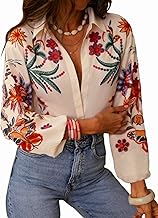 SHENHE Women's Button Down Shirt Lantern Sleeve Tropical Floral Boho Blouse Dressy Top