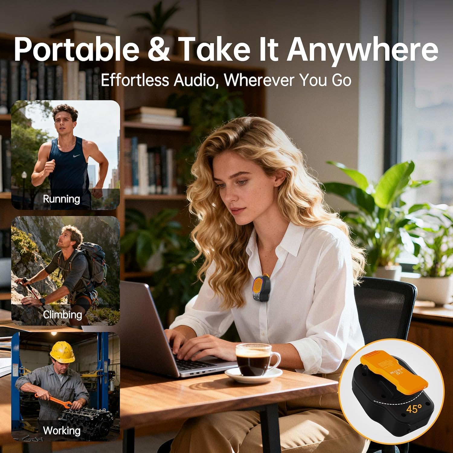 Altoparlante Bluetooth indossabile, altoparlante wireless portatile con clip magnetico, mini altoparlante Hi-Fi con 3 modalità di illuminazione, microfono ENC per chiamate in vivavoce musica, leggero