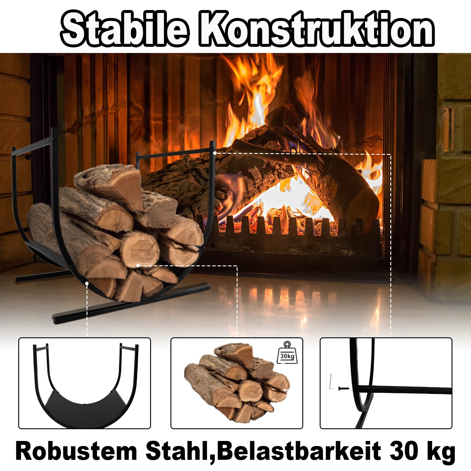YRHome Scaffale per legna da ardere, semicircolare, 44,5 x 37,5 x 40 cm (lunghezza x larghezza x altezza), in acciaio verniciato a polvere, per legna da ardere, per interni ed esterni, colore nero