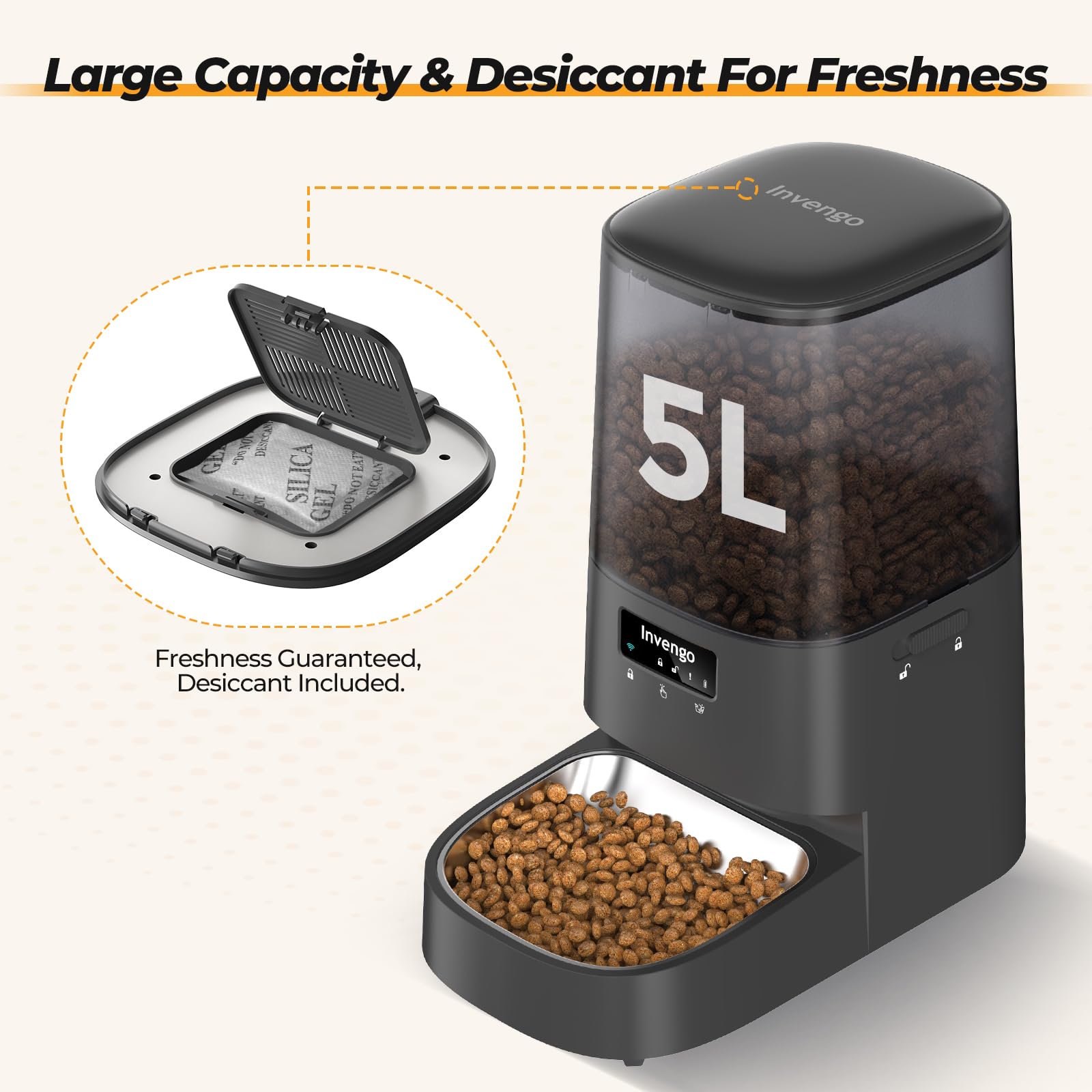 Invengo Automatic Cat Feeder with App Control, 5L Food Dispenser for Cats and Small Dogs, 2.4/5G Wi-Fi, Dual Power, Programmable Portions, Anti-Jam & Fresh-Lock, Stainless Steel Bowl, Easy to Clean - image 2