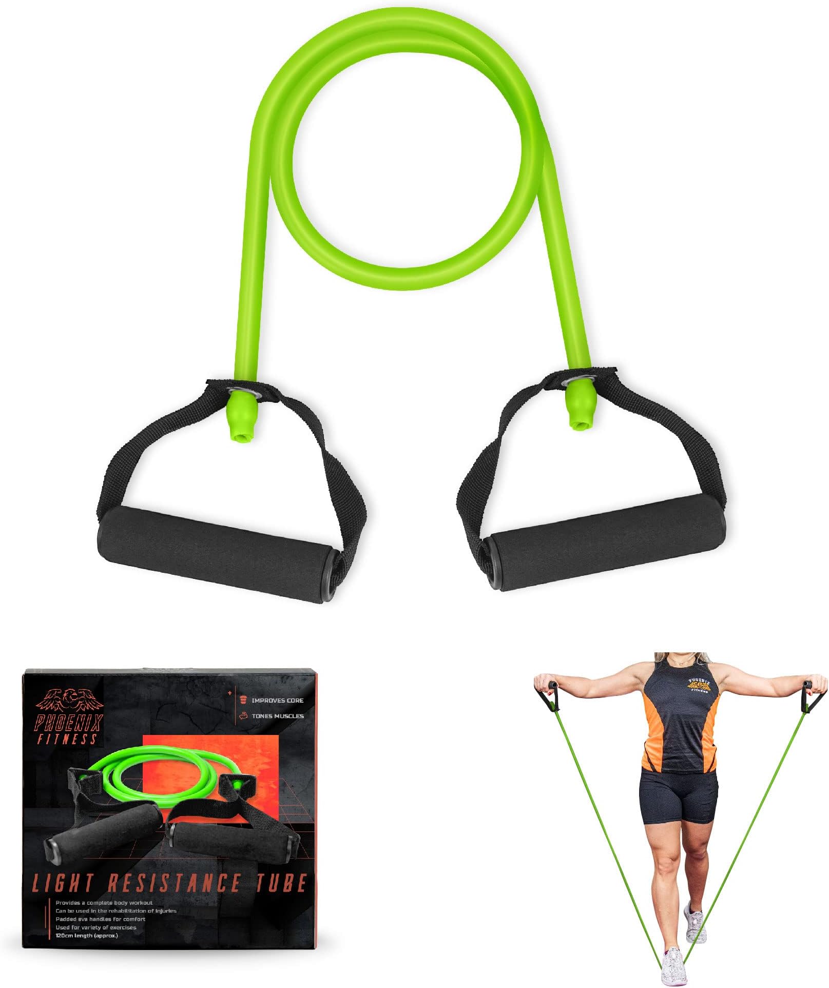 Phoenix Fitness Resistance Band - Exercise Resistance Tube with Handles for Women and Men for Strength Training, Boxing, Physical Therapy - Green, Light Resistance