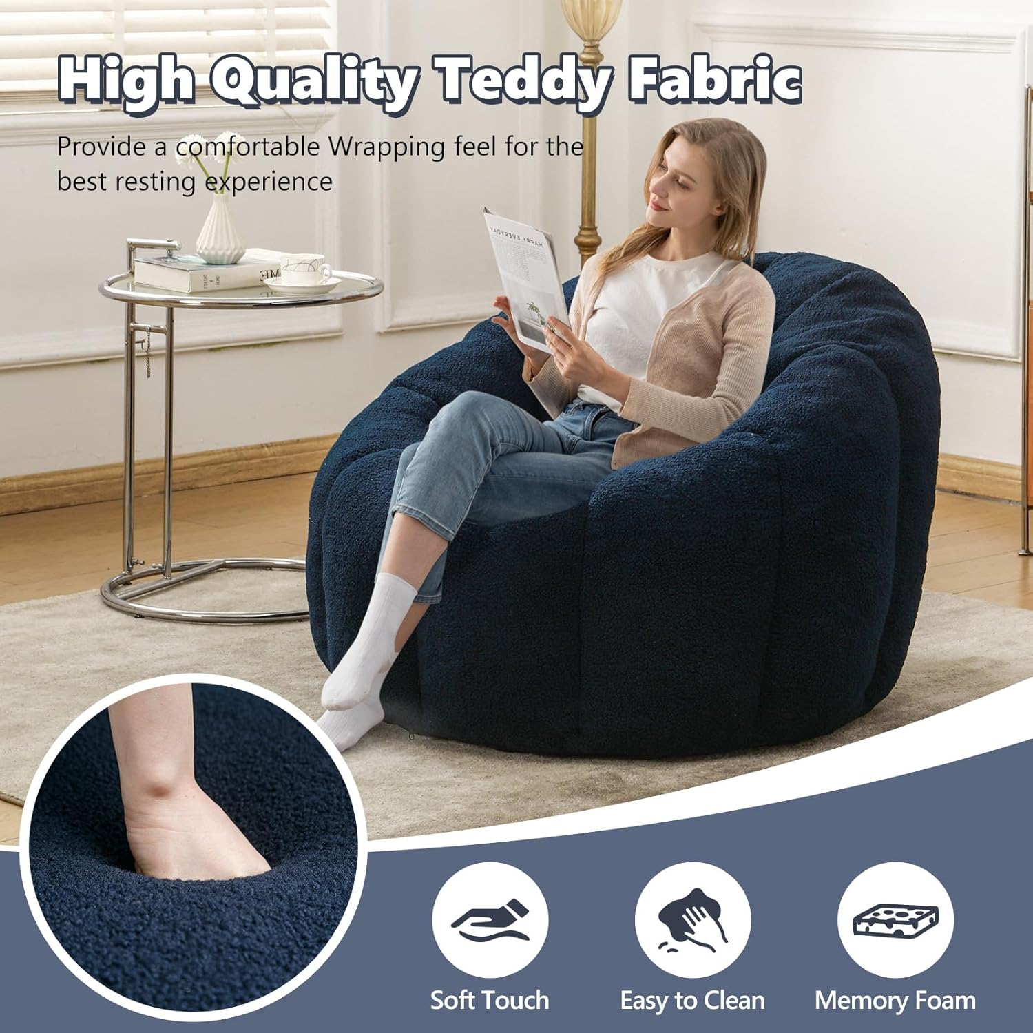 Bean Bag Chair, Stuffed Beanbag Chairs, Large Bean Bag Chair with Filler, Big Beanbag Chairs with Filling for Living Room (Teddy Fabric in Dark Blue, No Matching Ottoman)