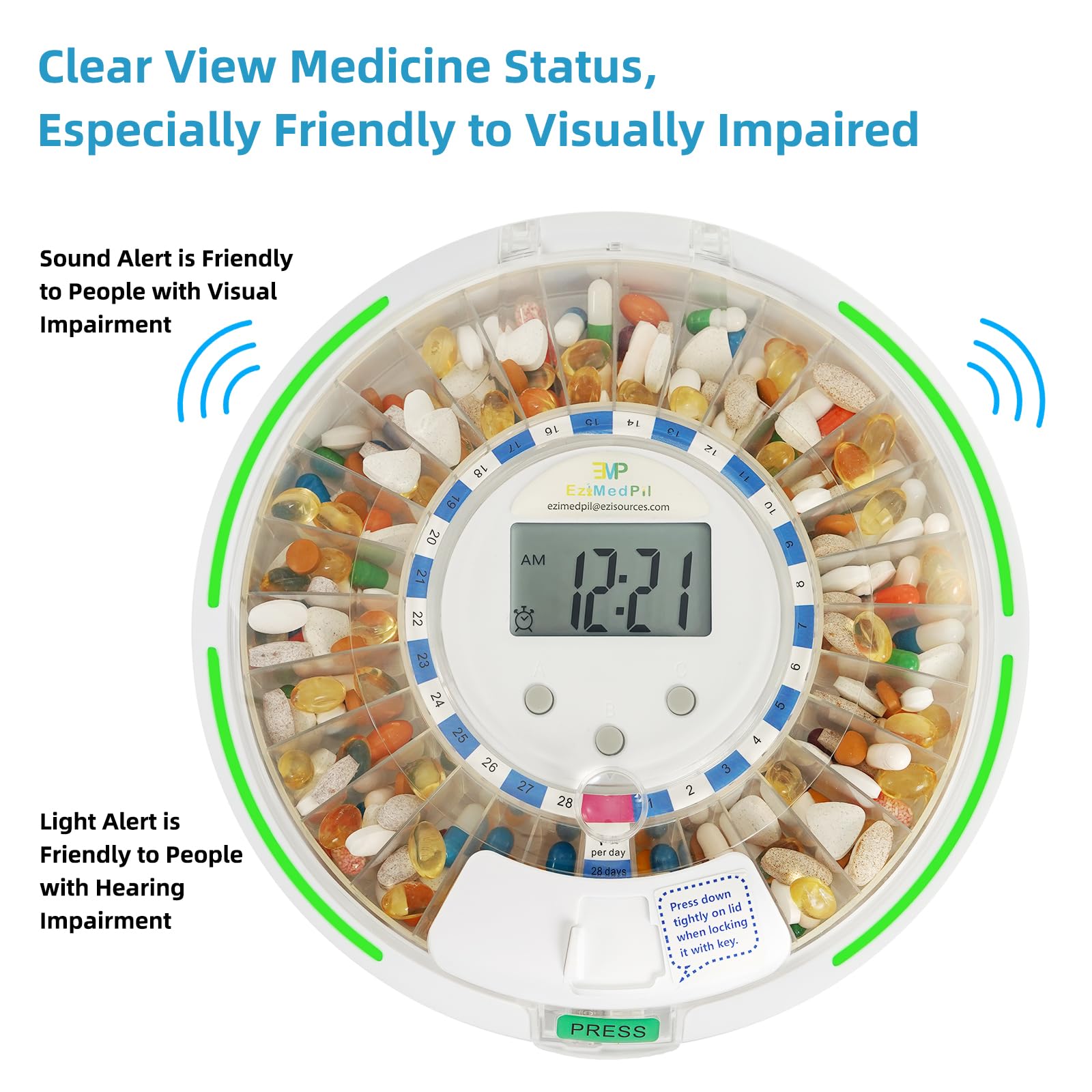 EziMedPil Automatischer Pillendosierer mit Audio- und visuellen Benachrichtigungen, bis zu 6 Alarme/Tag, 6 Dosiervorlagen, leicht ablesbares LCD-Display, Verriegelung Medikamentendosierer mit