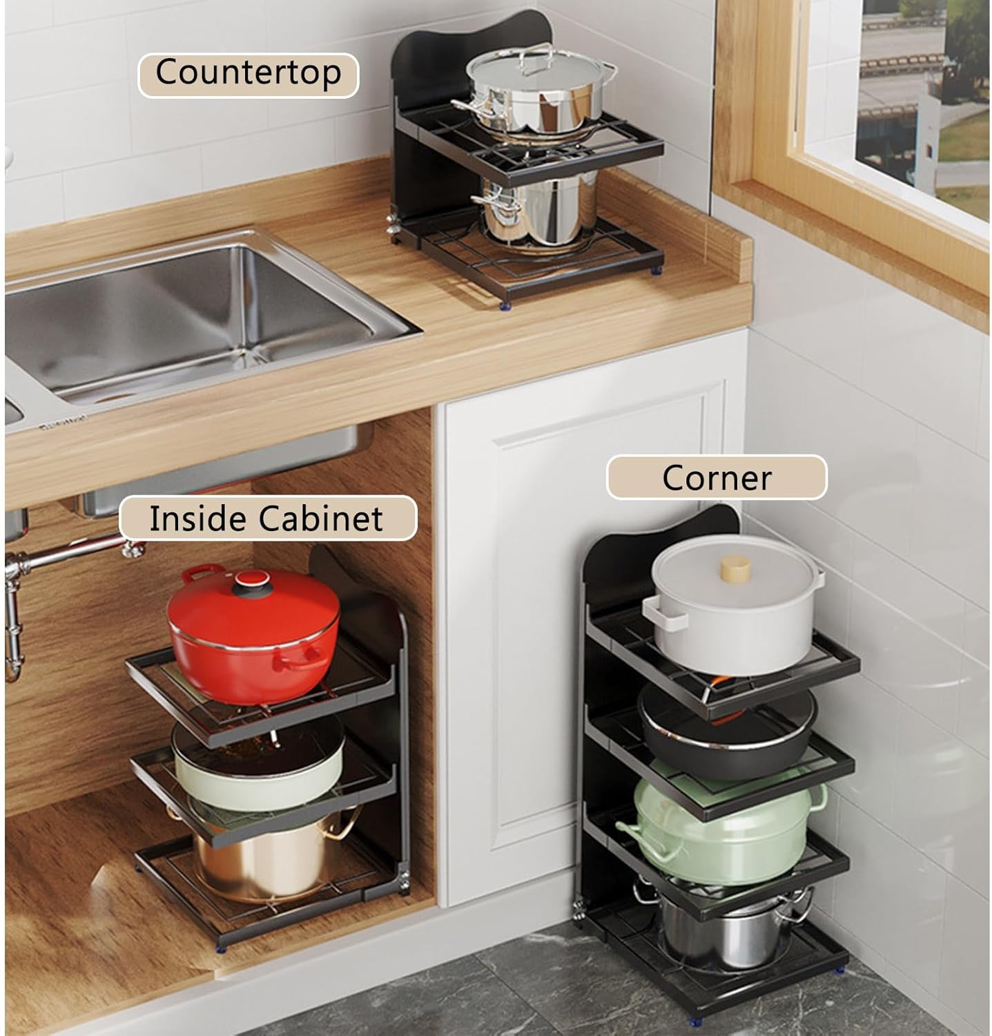 RAKU 鍋スタンド 3段 4段 シンク下 フライパンラック 省スペース 仕切り板高さ調整可能 鍋の効率的収納 取り出しやすい お手入れ簡単 —  【公式】RAKU キッチンコーナーラック 鍋ラック フライパン 多機能 キッチン収納お鍋 パンポット省スペース 出し入れ簡単 取り外し ... 多用途 調節可能 鍋＆フライパンラック キッチン整理＆収納に、 頑丈な ポットパンラック 流し台の Organizers の下で、