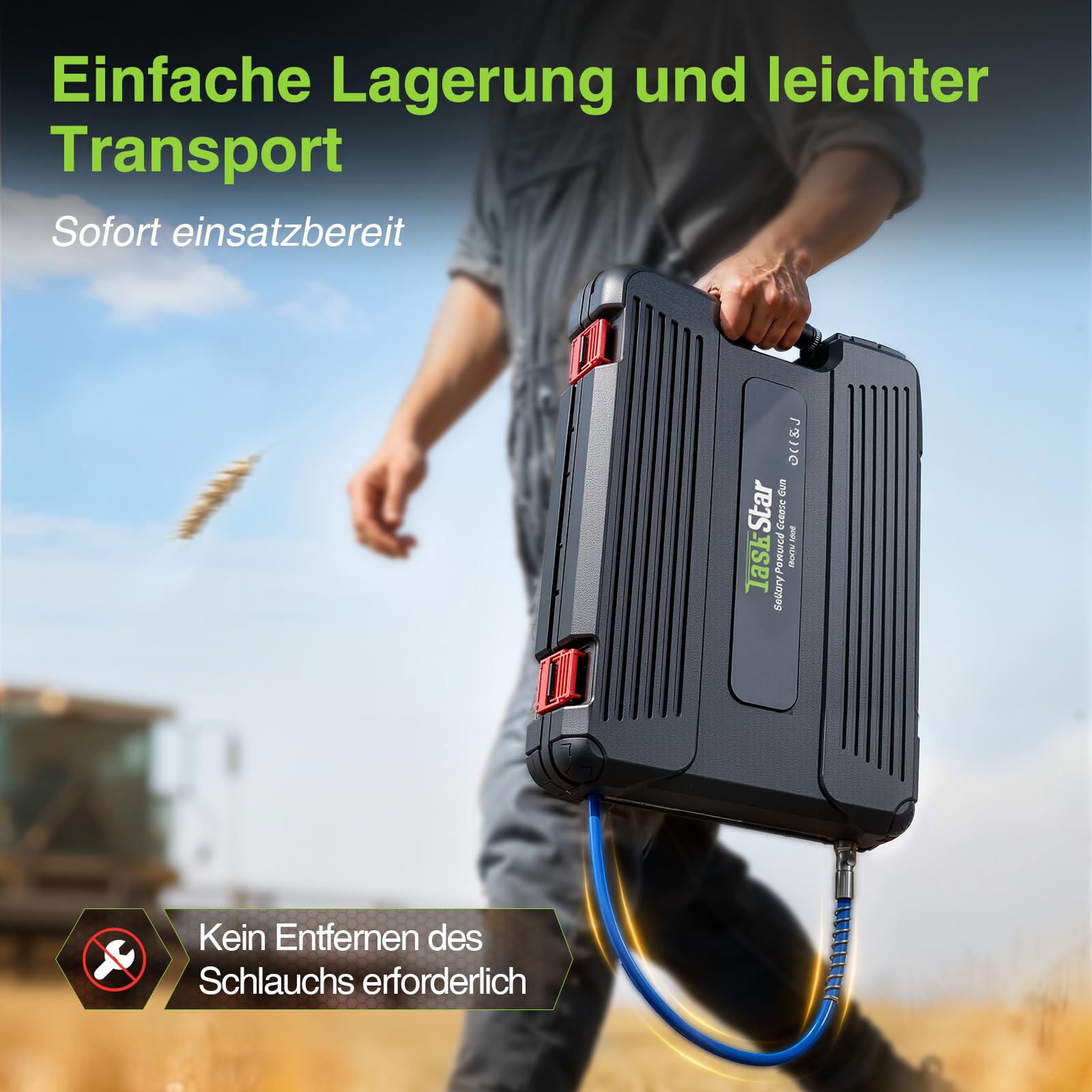 TaskStar Hocheffiziente Akku-Fettpresse: Elektrische Fettpresse mit 2 * 2.0Ah Batterien und Ladegerät, Verbessertes Mundstück, 10000 PSI Max Druck, für Landwirte, Mechaniker und Gerätebesitzer