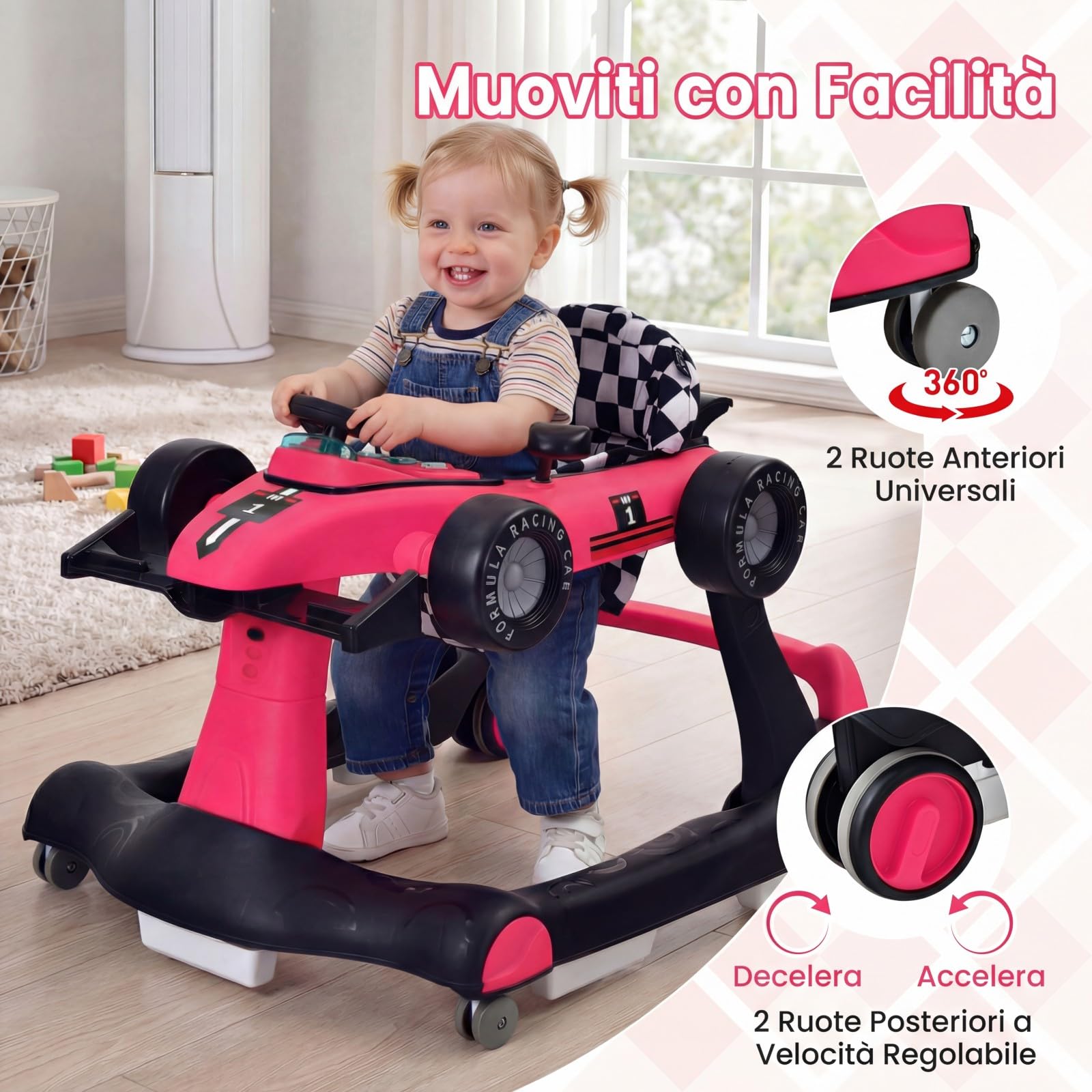 RELAX4LIFE Girello per Bambini 6 in 1 con Luci e Suoni, Vassoio Giocattolo Rimovibile, 2 Velocità Ruote e 3 Altezze Regolabili 50,5/53,5/55,5 cm, Portata 12 kg (ROSA SHOCKKING)