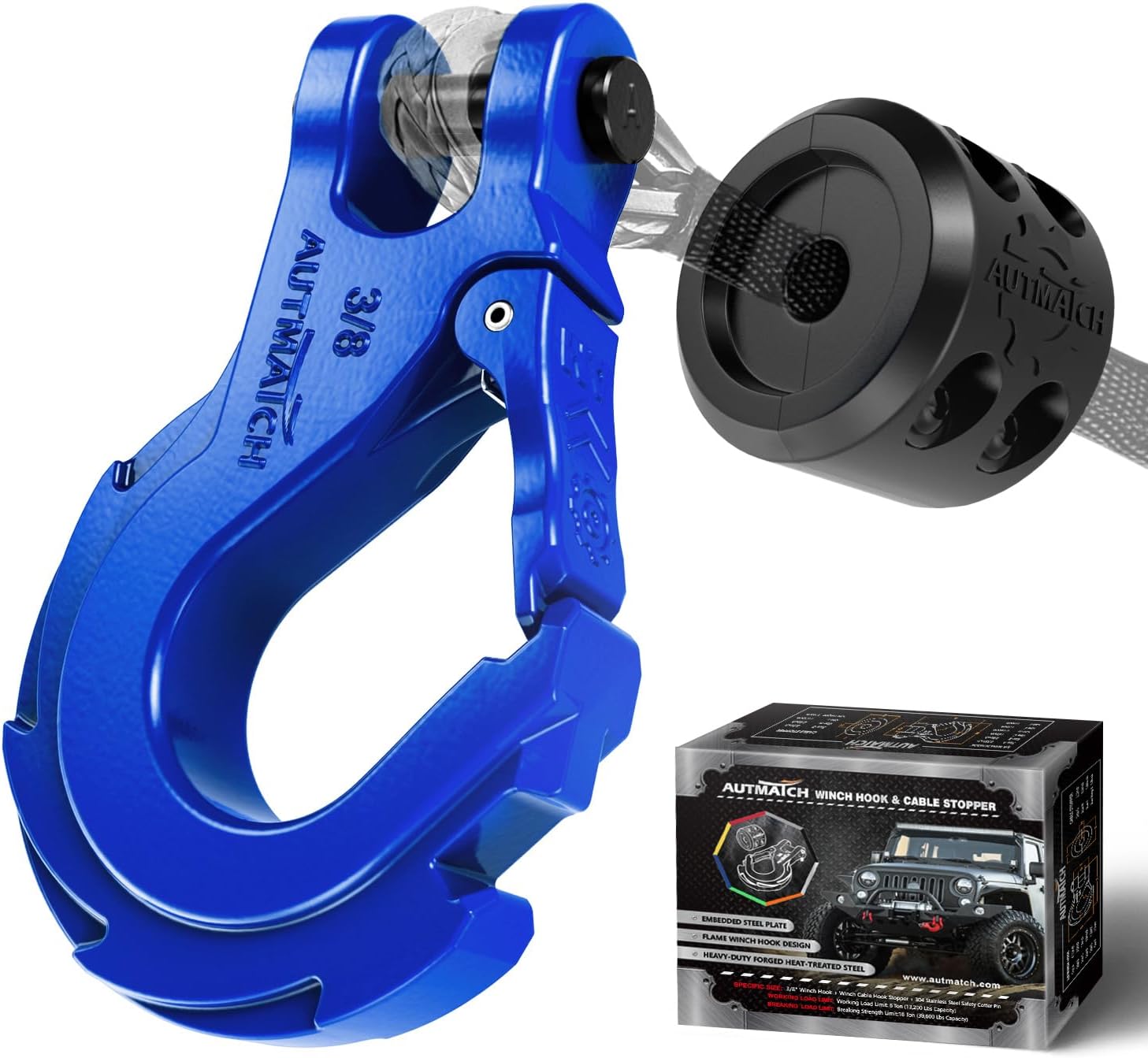 AUTMATCH Winch Hook 3/8" - Clevis Slip Hook with Safety Latch & Winch Cable Hook Stopper, Grade 70 Forged Steel Max 18Ton (39,600Lbs) Work for Winch Rope, ATV, UTV, Off Road Vehicle, Blue