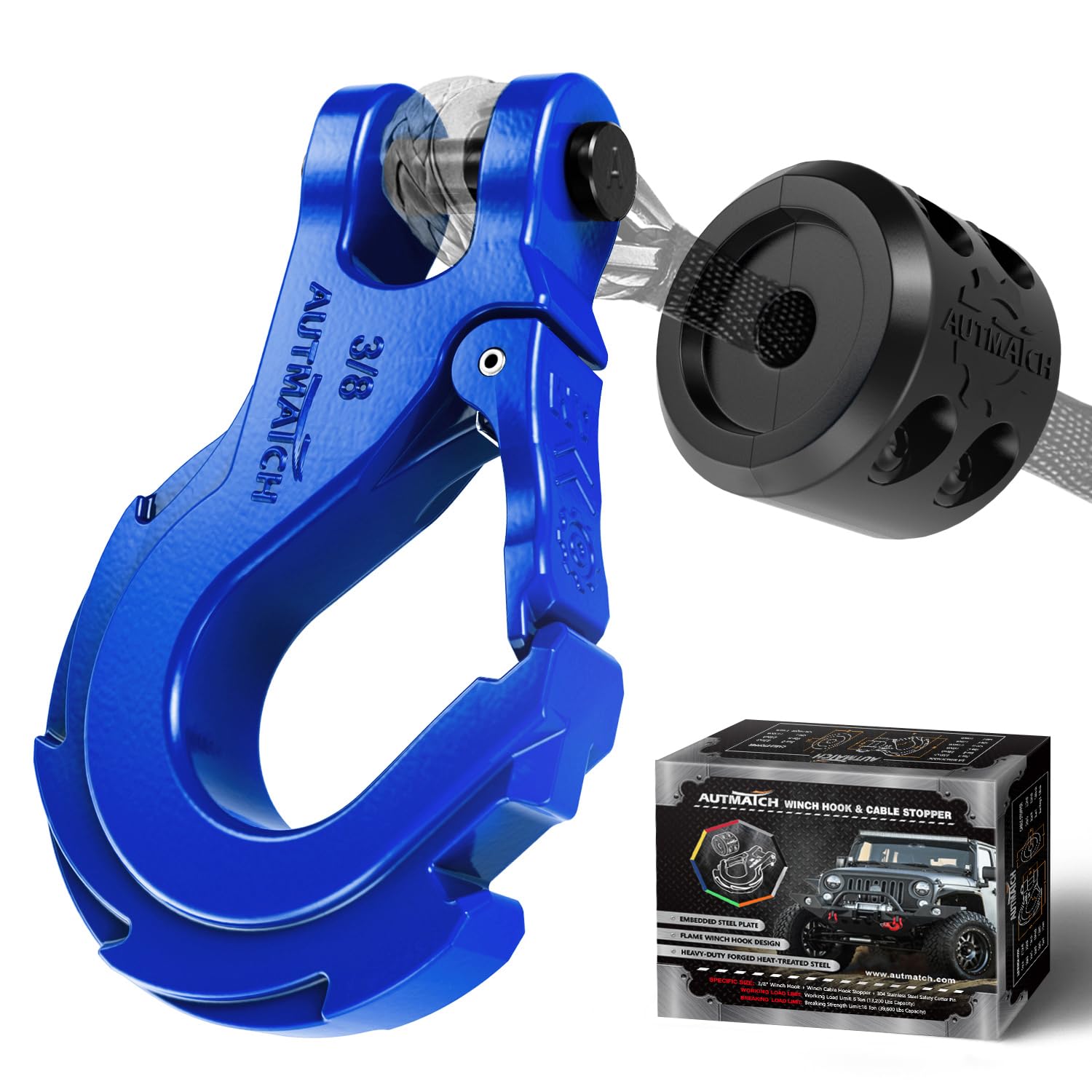 AUTMATCH Loquet de sécurité pour treuil de 9,5 mm – Grade 70 en Acier forgé avec Plaque en Acier, Charge maximale de 18 kg pour Corde de treuil, VTT, UTV, véhicule Tout-Terrain, Bleu