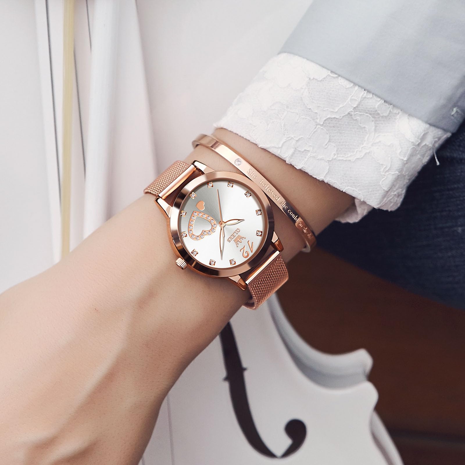 OLEVS Roségold Damenuhr Edelstahl, Lässig Klein Armbanduhr Damen Wasserdicht, Moderne Analog Uhr Damen mit Mesh Armband, Ultradünne Damen Uhr mit Diamant Herz