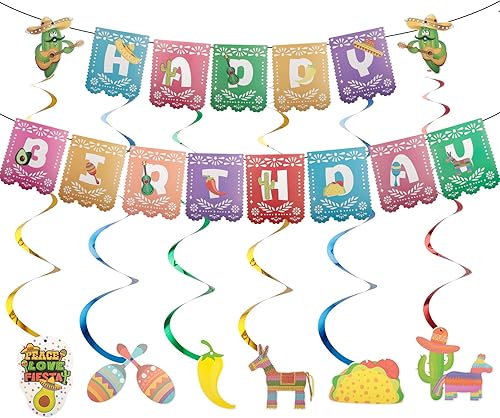 Miniatura 7 de Cartel de feliz cumpleaños con temática mexicana, pancarta de fiesta de tacos mexicanos, guirnalda de papel picado mexicano para decoración de