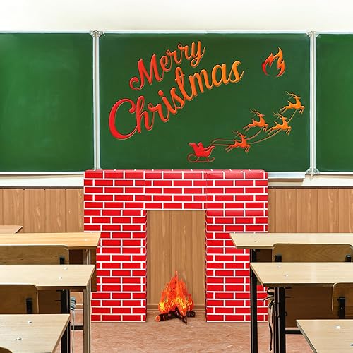 Miniatura 6 de 10 chimeneas de cartón de Navidad 3D de 39 x 35 pulgadas, chimenea artificial de Navidad con llama de fuego 3D, telón de fondo falso para decoración