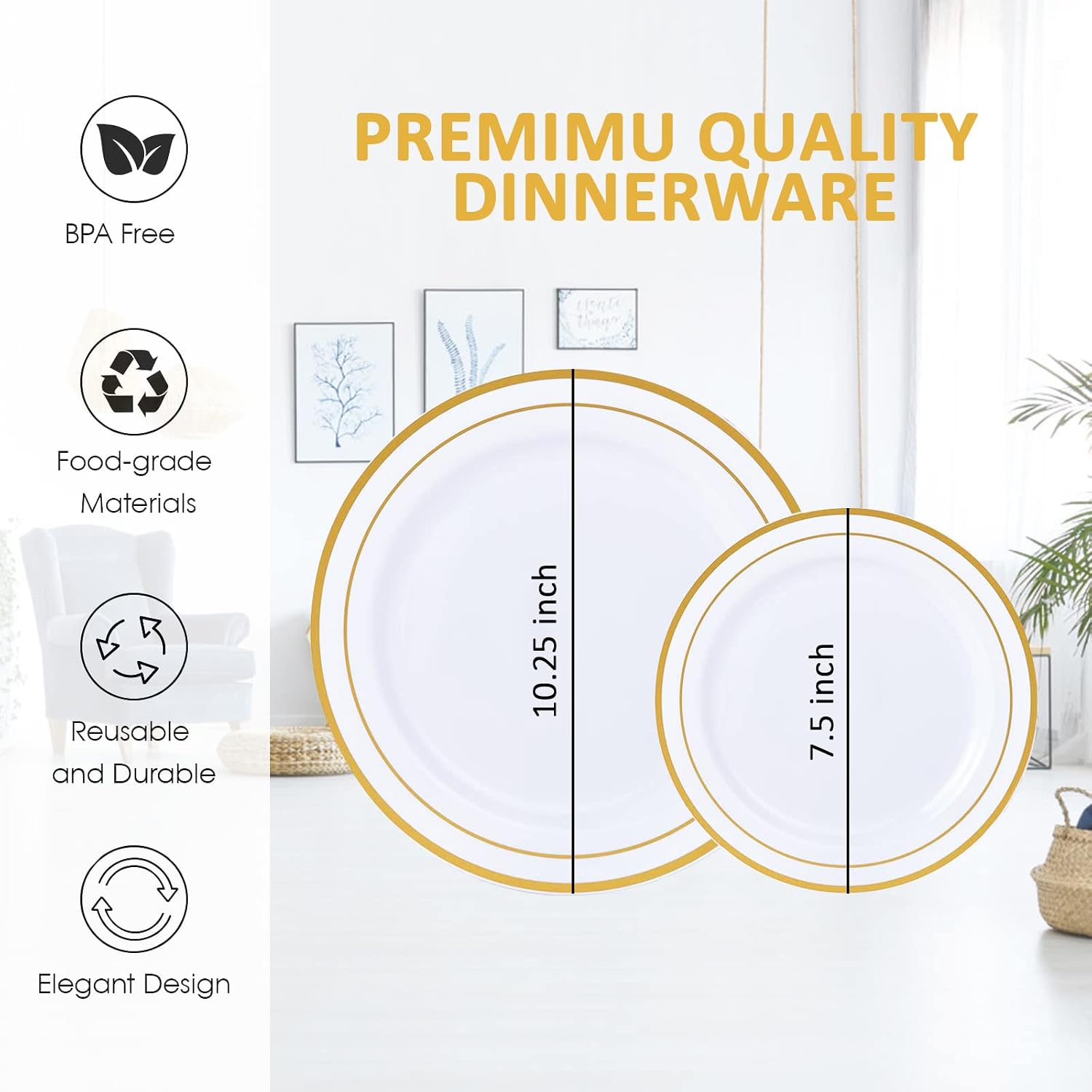 Gold Plastic Plates, MCIRCO 100 Pieces Disposable Party Plates for Weddings, Premium Heavy Duty Gold Rim Plates, Include 50 10.25 Inch Dinner Plates and 50 7.5 Inch Dessert Appetizer Plates