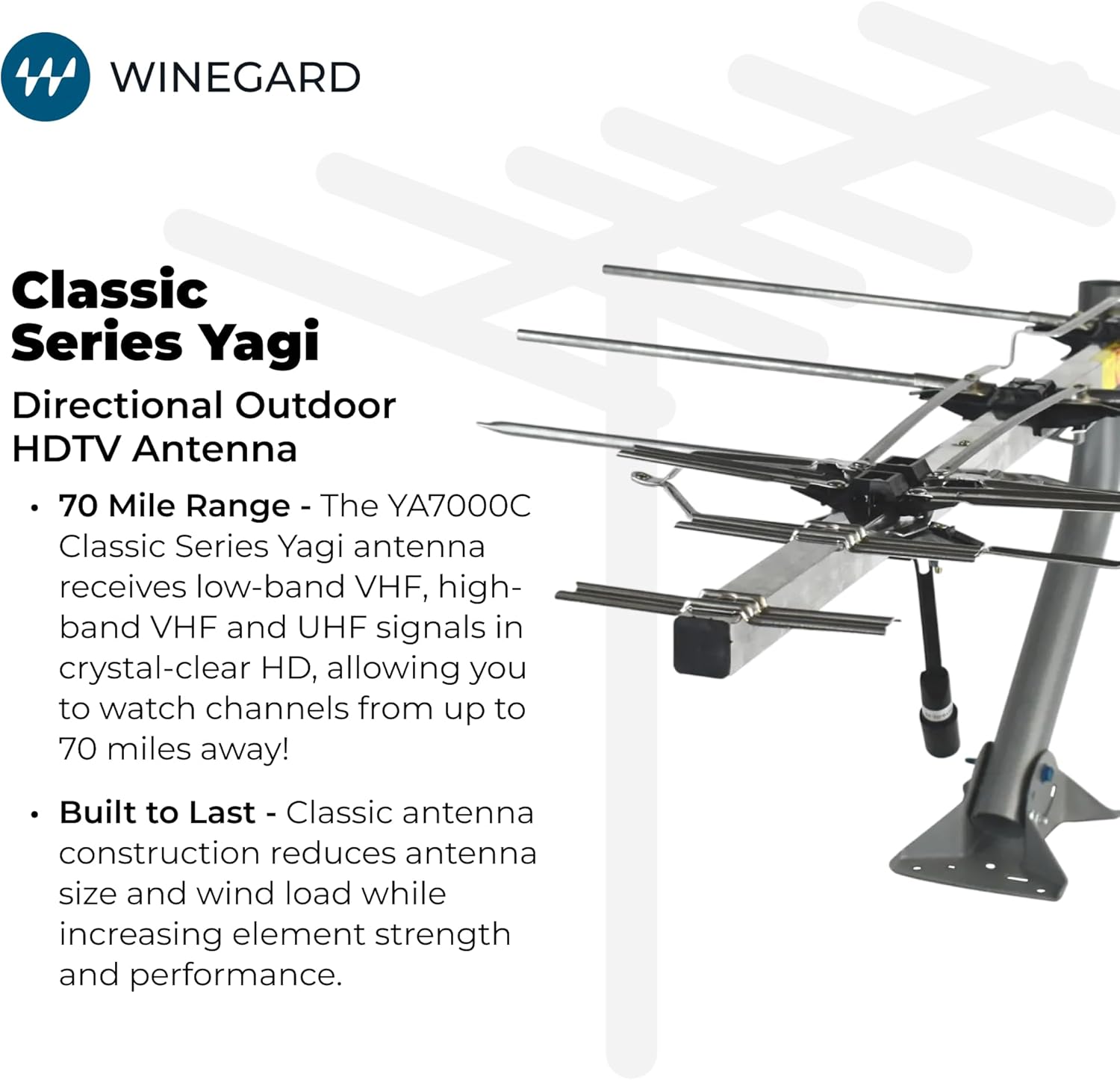 Winegard YA7000C TV Antenna with Mount, VHF-Low and High VHF/UHF, Universal Mount System