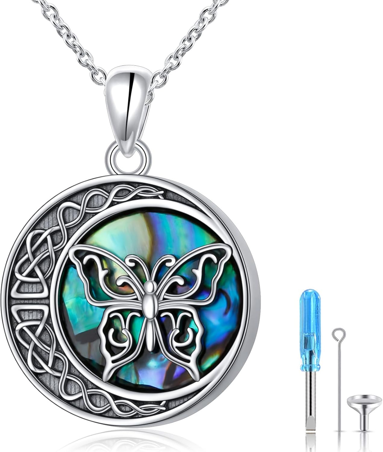 925 Sterling Silver Butterfly Sunflower/Tree of Life/Cross/Hummingbird/Star Moon/Guardian Urn Necklace for Ashes Abalone Shell Keepsake Pendant Necklace Memorial Cremation Jewelry Gifts for Women