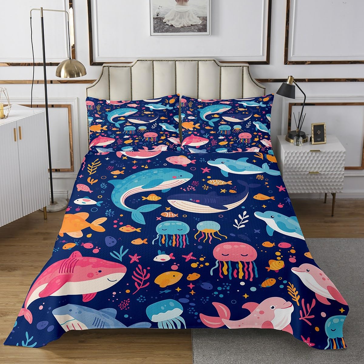 Erosebridal Cute Cartoon Ocean Animal Quilt Set Kawaii Whale Octopus Kids Bedspread Sets Twin,Pink Blue Marine Life Coverlet Sets for Boys Girls,Underwater World Navy Blue Bed Set