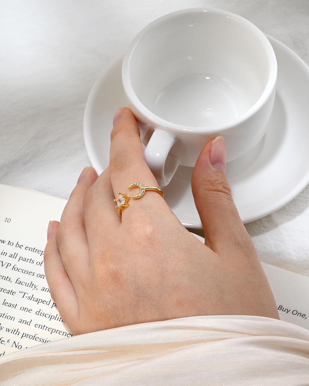 14K Gold Plated Star Moon Adjustable Ring for Women Dainty Cubic Zirconia Cute Open Ring - Image 5