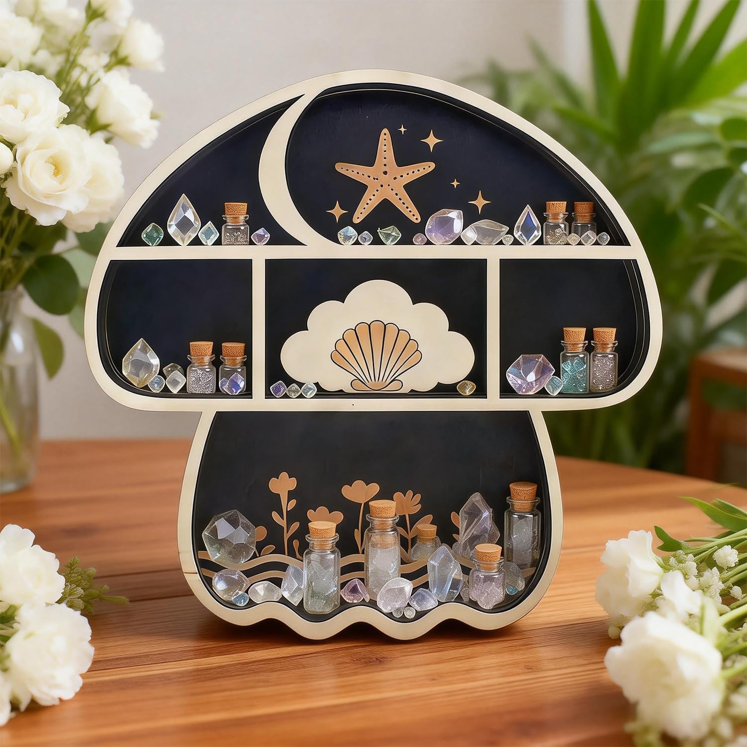 Mushroom Decor Crystal Display, Floating Shelves & Crystal Holder, Cute Mushroom Wall Decor and Trinket Shelf, Rock Gem Stone Display Case, for Quirky Home Decor, Gifts for Mushroom Lovers