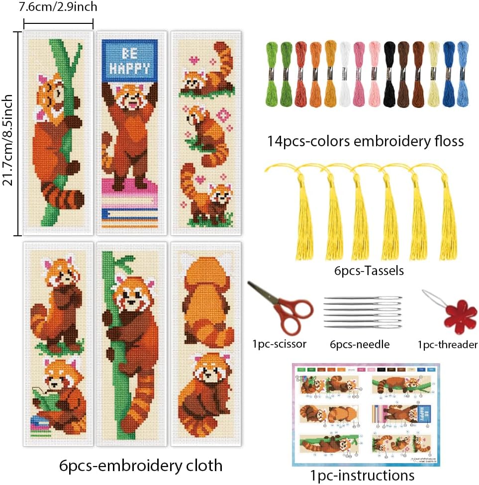 INFUNLY Red Panda Cross Stitch Bookmark Set Reading Pandas Stamped Embroidery Bookmark Kit Sleeping Red Panda Needlepoint Bookmarks Kit DIY Embroidery Bookmarks for Book Lovers Craft Gift