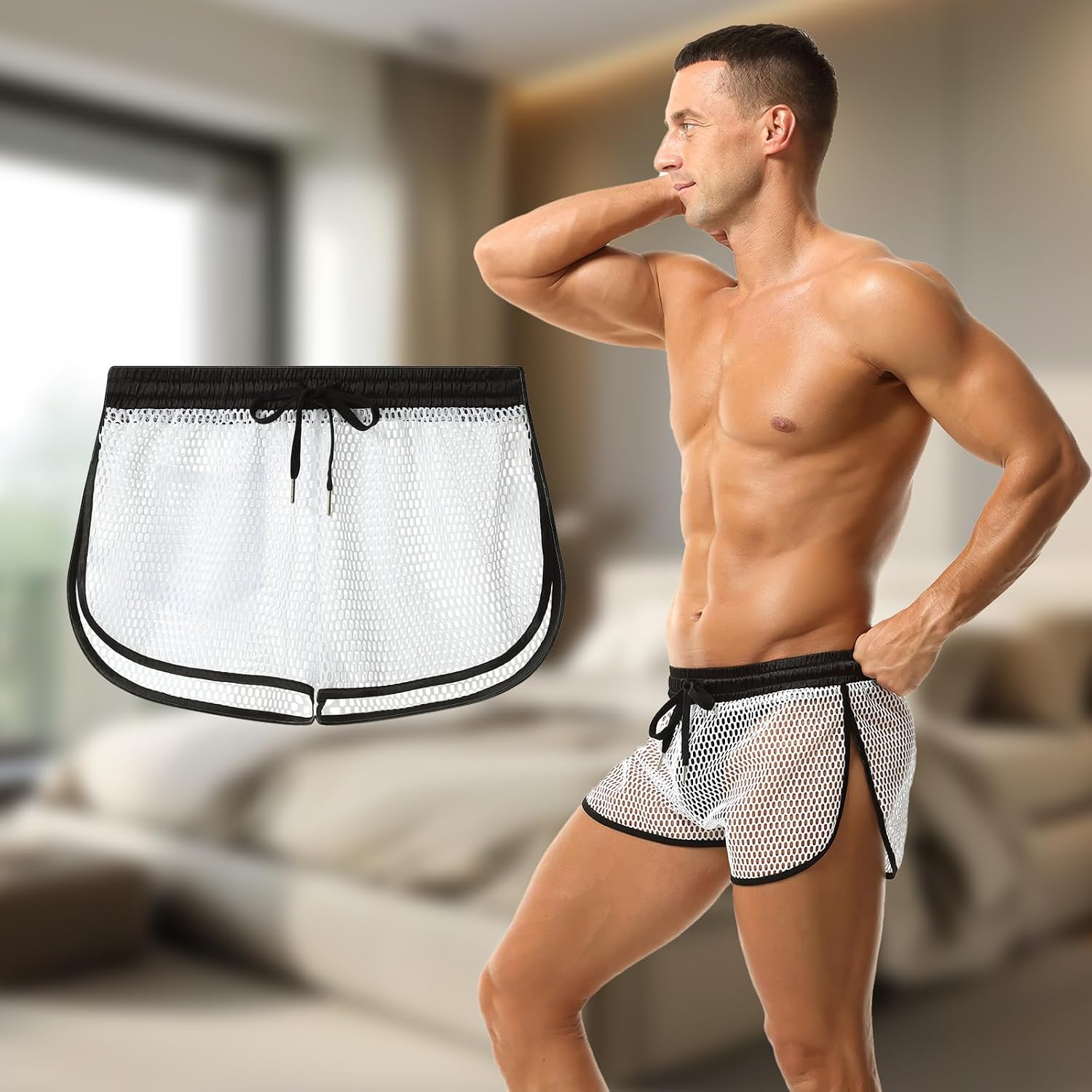 Men’s Sheer Mesh Side Slit Shorts with Drawstring Waist and Pocket Breathable Low Rise Sexy Underwear