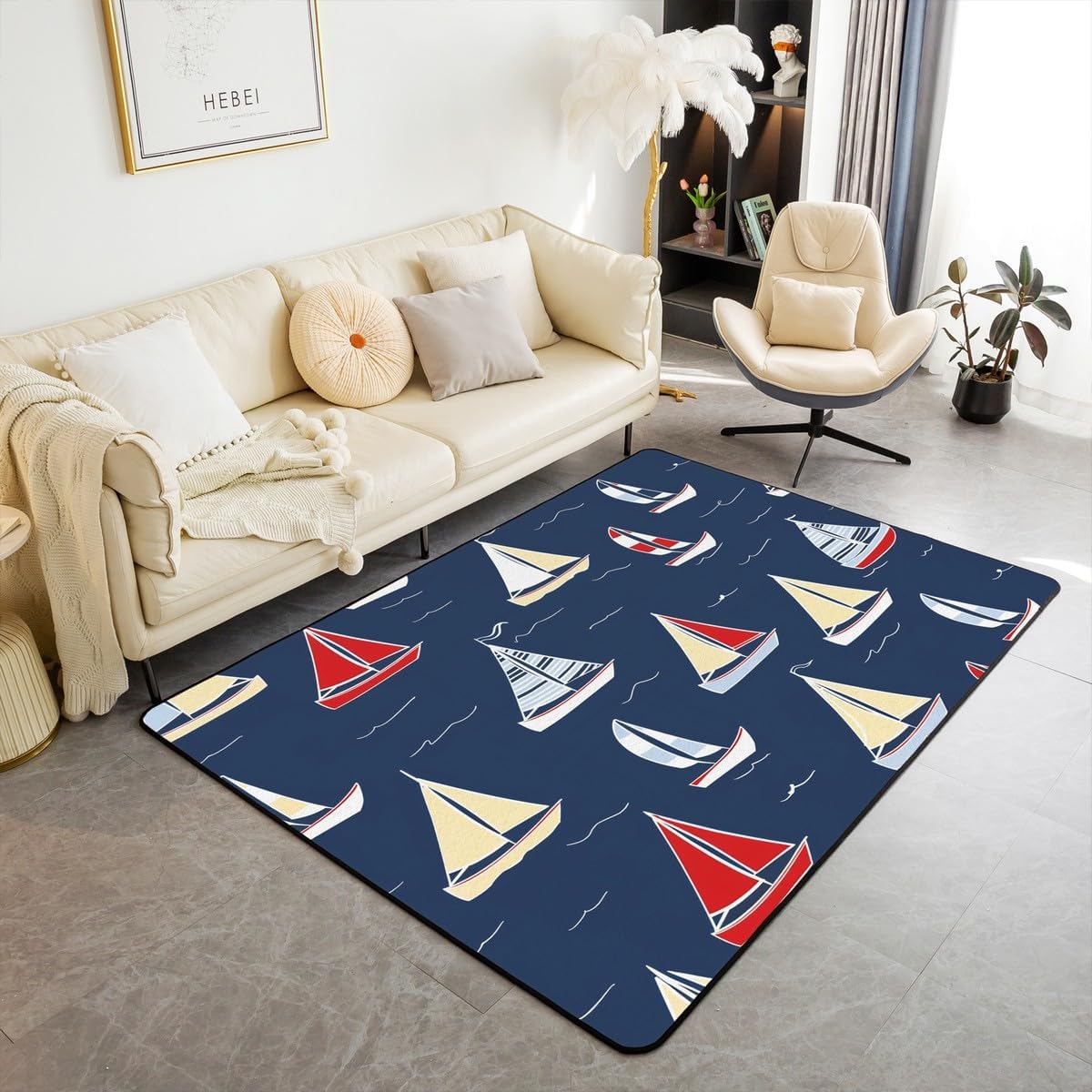 jejeloiu Kids Boat Area Rug 5"x7" Nautical Rugs for Living Room Bedroom Ocean Themed Indoor Floor Mat Navy Blue Accent Rug