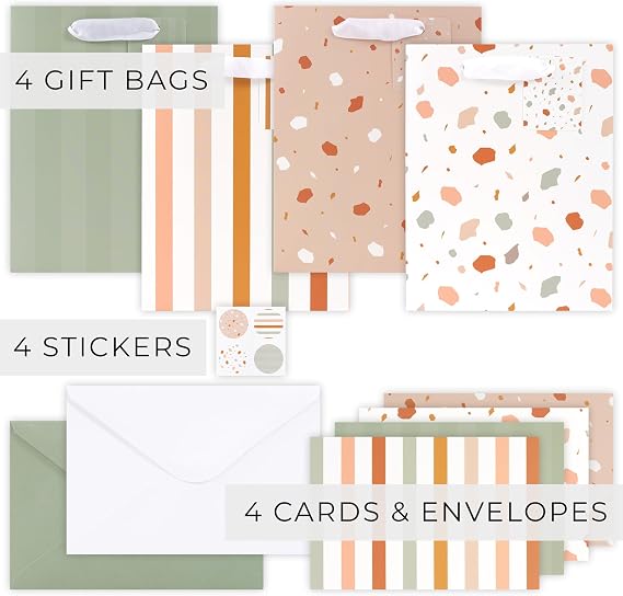 Beautiful Gift Bags Set of 4 - Medium Sized 9 Bags with Handles incl. Matching Tissue Paper, Cards & Small Stickers - Reusable & For Presents of Any Birthday, Weddings, Mothers Day & Other Occasion
