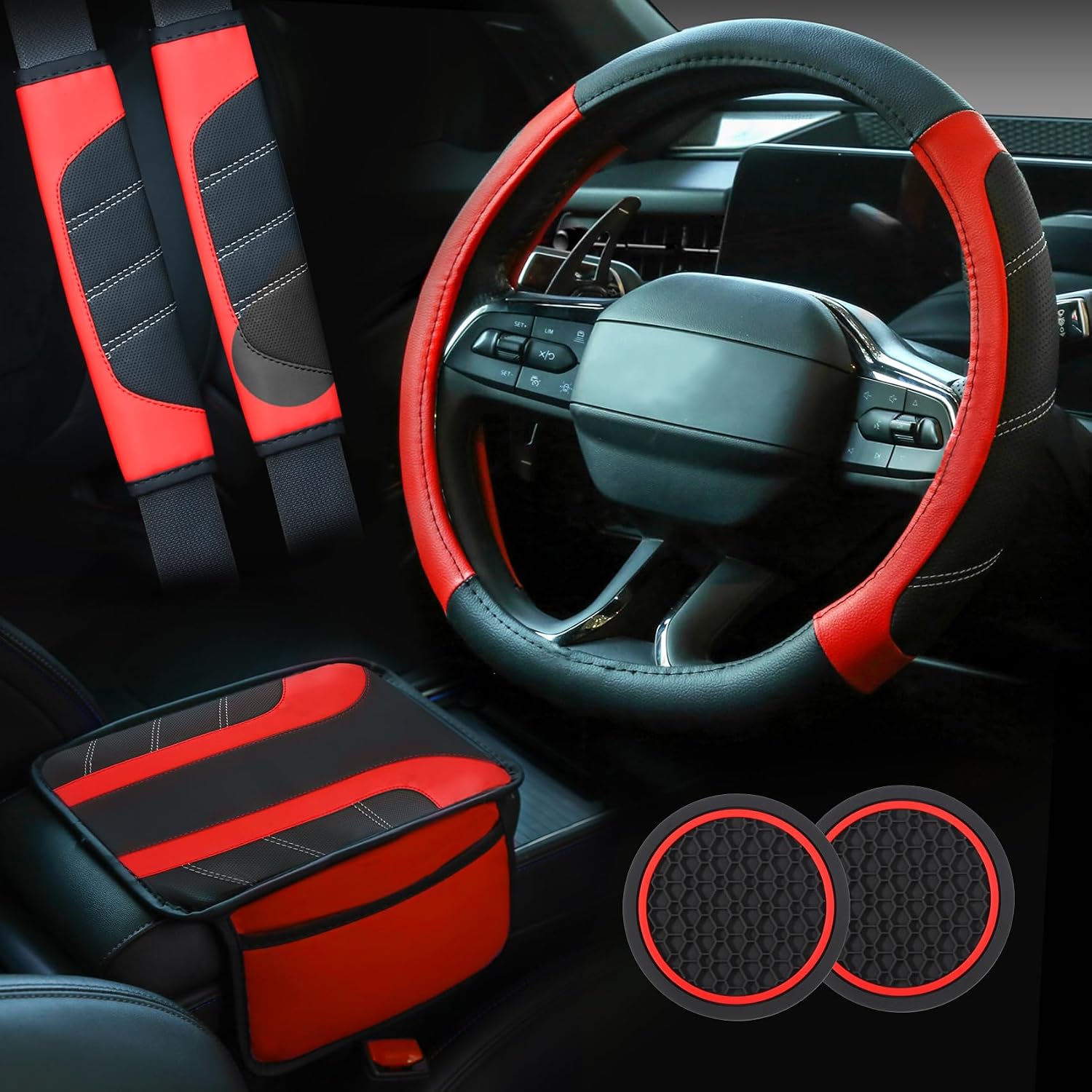 Valleycomfy 6 PCS Car Accessories Set, Steering Wheel Covers Universal 14.5-15 inch, Seat Belt Cushion, Center Console Cover, Cup Holder Coaster,Auto Interior Sets,Pink