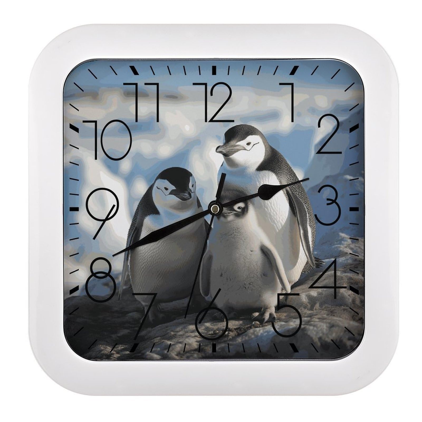 FekiLoot Penguin Parents and Chicks Antarctica Large Wall Clock 10.2" Modern Farmhouse Square Clocks Silent No Ticking, Wall Art and Timepiece Clock for Shelf Table Mantel Or Bedside Clocks