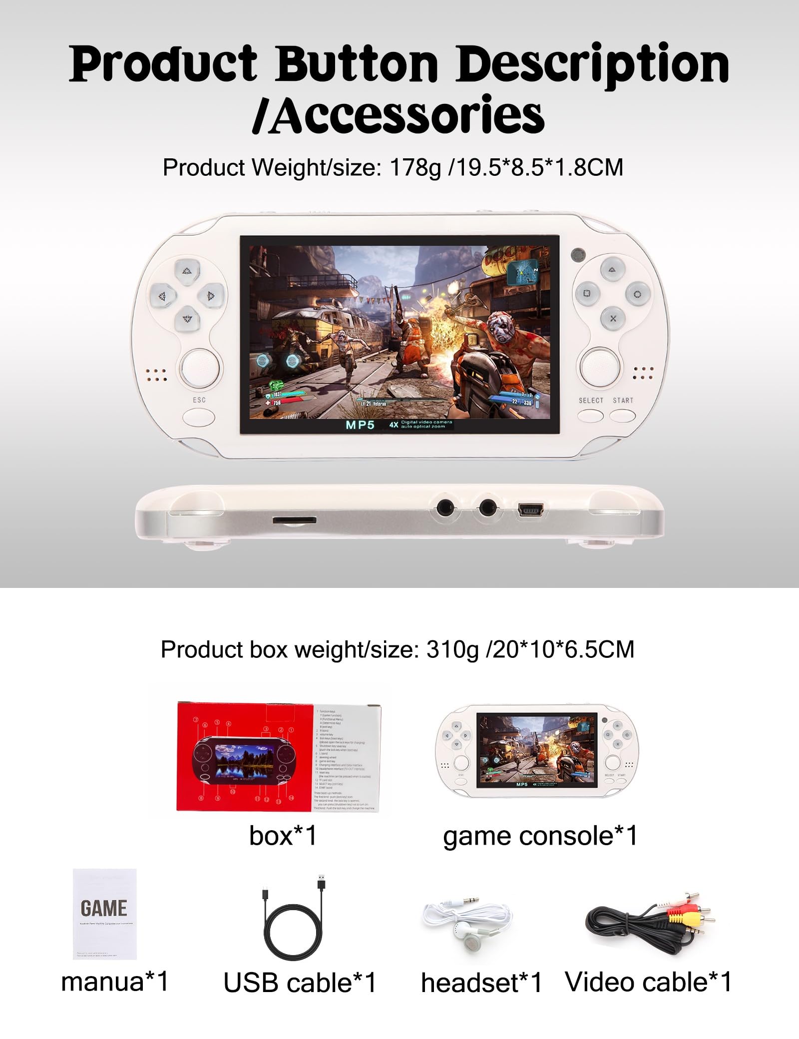 CZT Console de Jeux vidéo 4,3 Po 8 Go intégrée à 2300 Jeux gratuits pour Plusieurs simulateurs Console de Jeu Portable Vidéo/Musique Ebook Sortie TV Le Jeu Peut être archivé Cadeaux de Noël(Blanc)