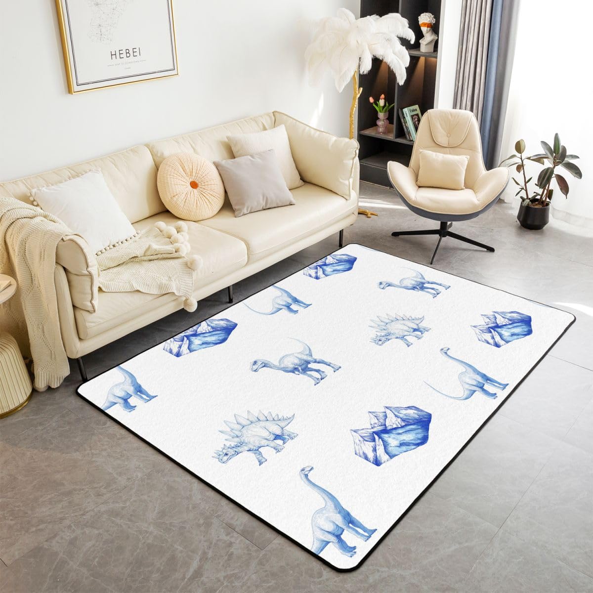 Homewish Blaue Dinosaurier Rugs for Living Room Wasserfarbe Dinos Teppiche 100x150 Uralte Dschungel Tiere Teppich Wohnzimmer Kawaii Cartoon Carpet Stilvoll Pflegeleicht