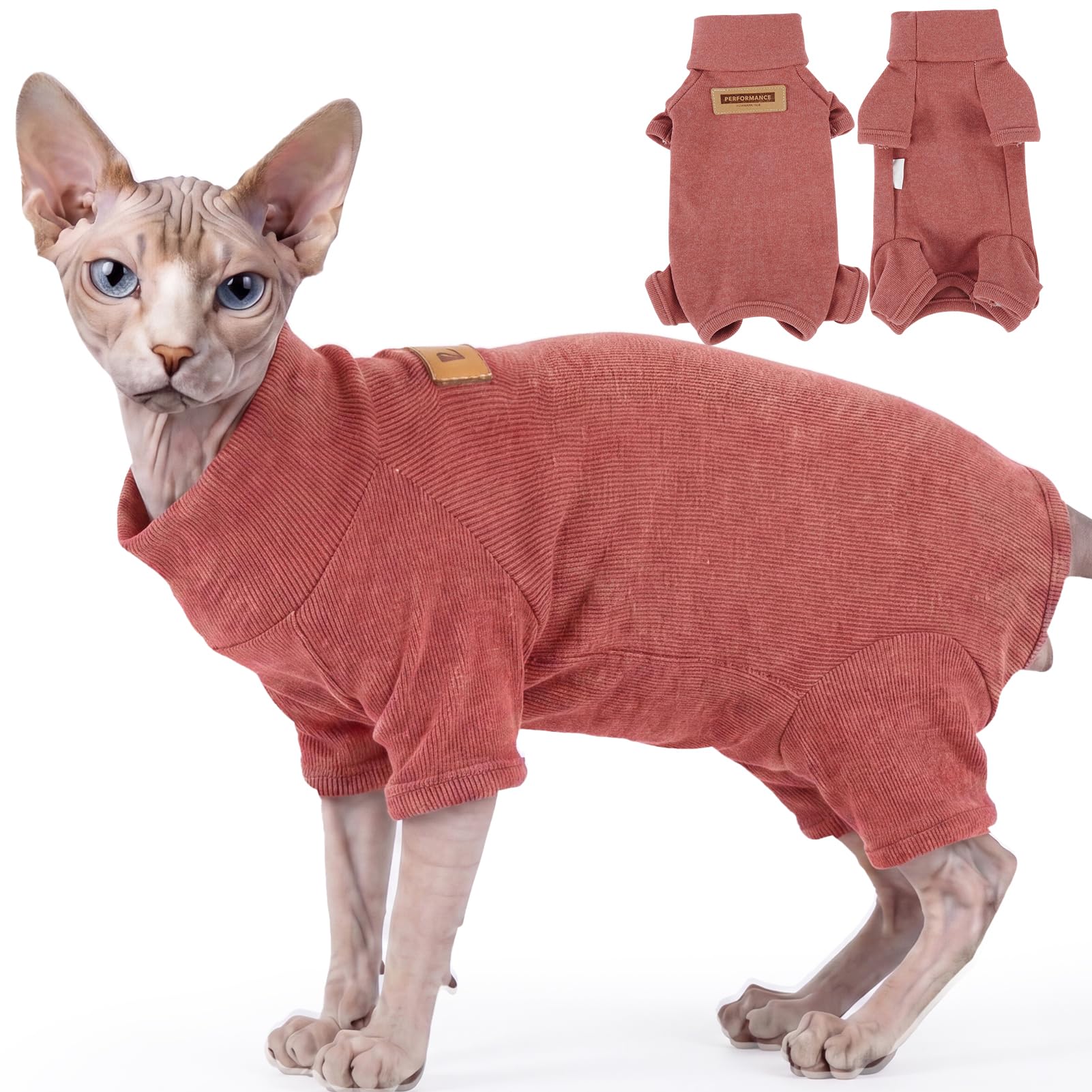 Traje Post operatorio Gato, Body Gato sin Pelo, Ropa recuperación Gato Polar cálida, Body Gato elástico 4 Patas, protección Tras cirugía, Rojo Óxido XXL