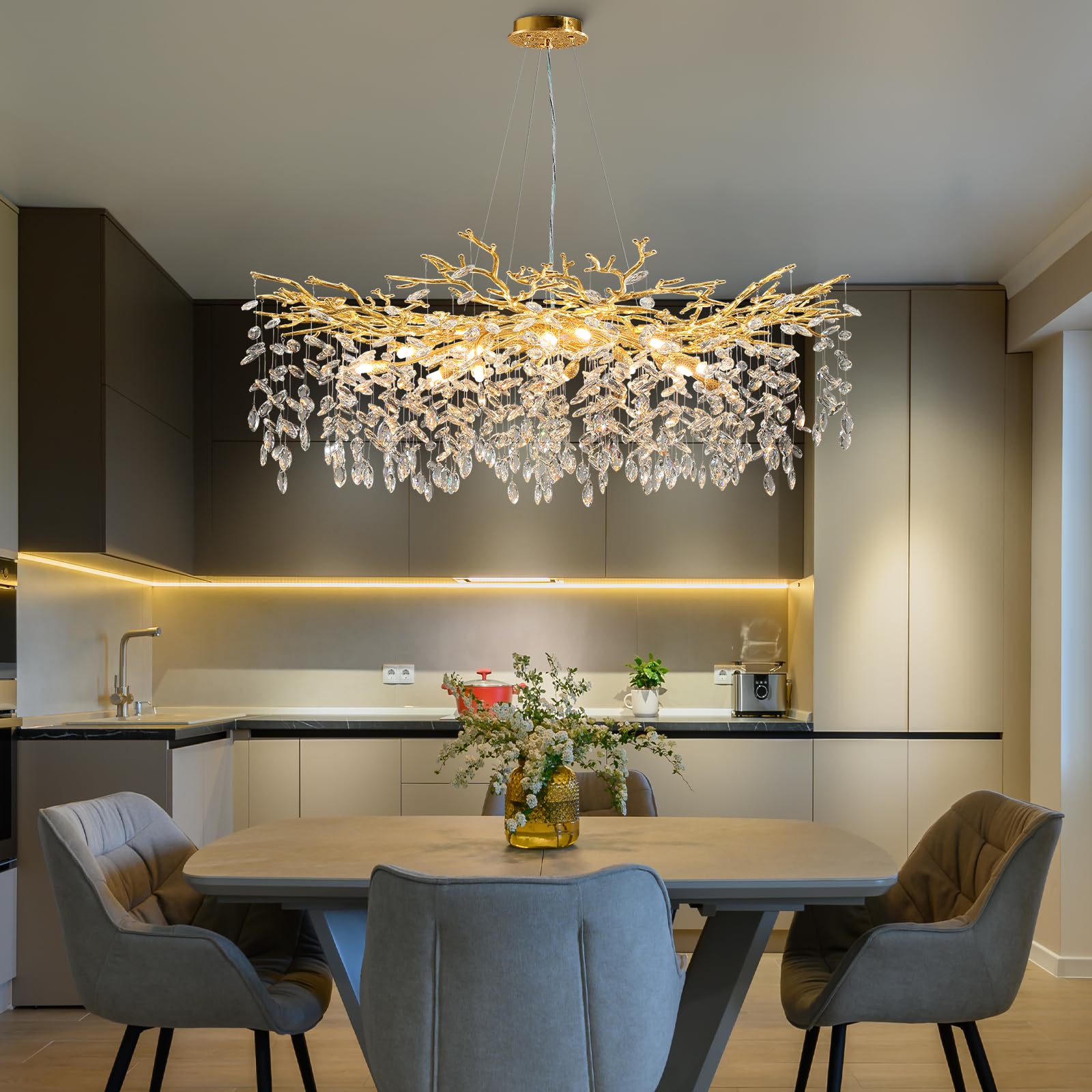 YUYI Modern Crystal Chandelier, 47" Gold Tree Branch Chandelier, Round Raindrop Chandeliers for Dining Room, Living Room, Kitchen Island, Bedroom, Foyer, 18-Light Luxury Pendant Light Fixture