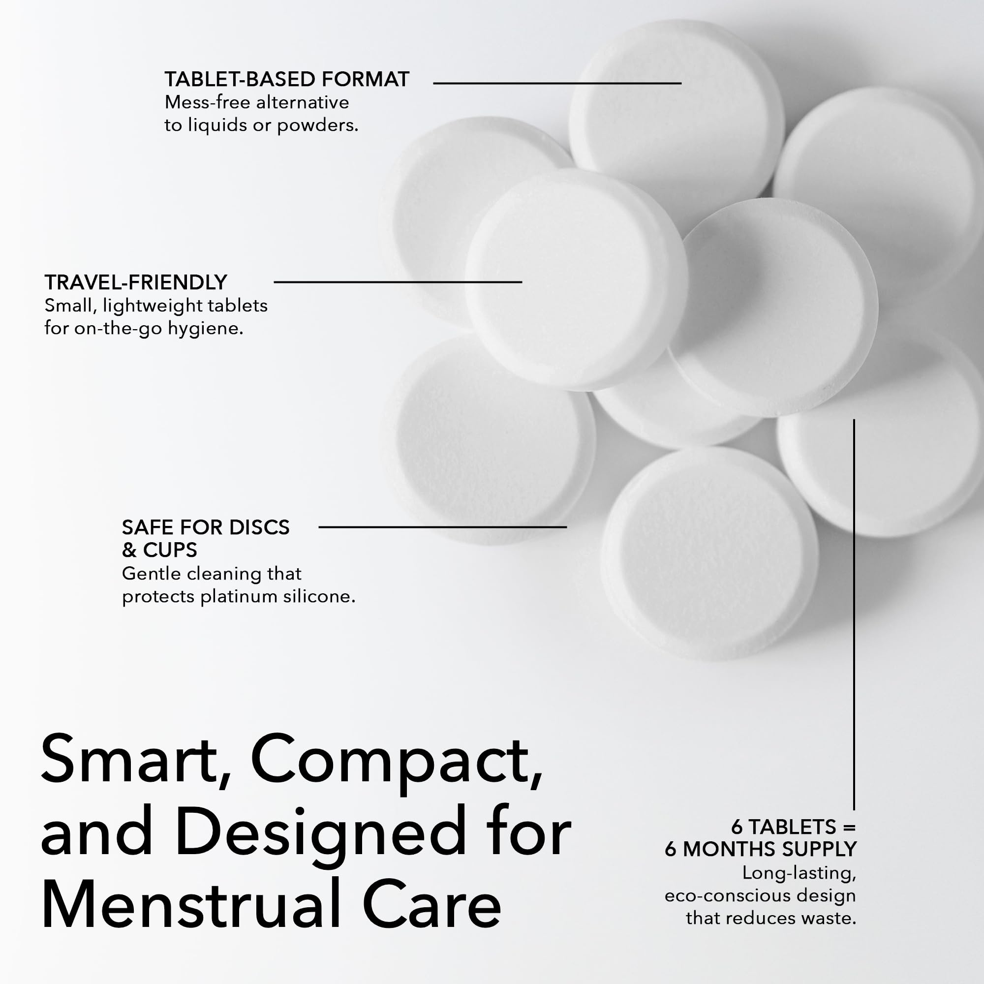 PERIOD Disk Tabs – Pulizia naturale per tazze mestruali e dischi mestruali – Rimuove macchie e odori ostinati senza danneggiare dischi e tazze – 6 mesi scorte
