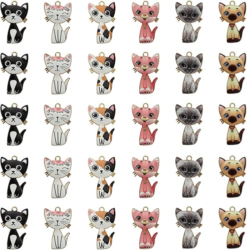 Miniatura 7 de 30 dijes de gato de aleación, esmaltados, coloridos dijes de gato esmaltados surtidos para hacer joyas, suministros de manualidades para hacer