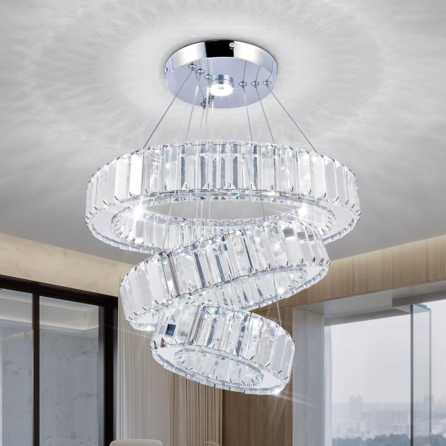 CLAIRDAI Modern LED Chandeliers 3 Rings Crystal Chandelier Ceiling Light Fixture Adjustable Height and Stainless Steel Pendant Lighting Fixtures for Dining Room Living Room Kitchen SJT234-Cool White