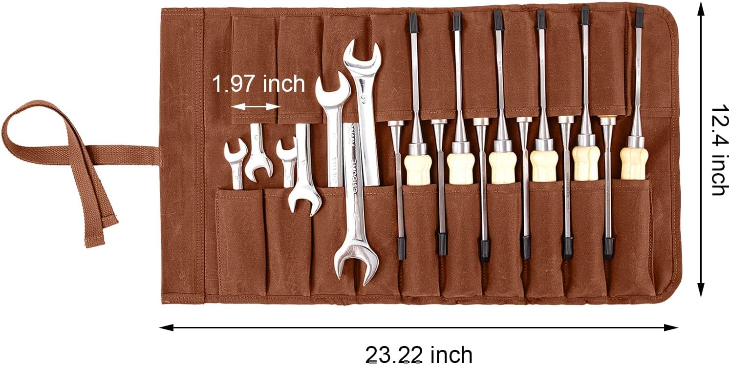 Chisel Roll, Durability Waxed Canvas Wrench Rolls with 20 Slots Compact Small Toll Roll, Portable Carry On Pouch for Woodworking Tools Multi Purpose Organizer (Red Brown)